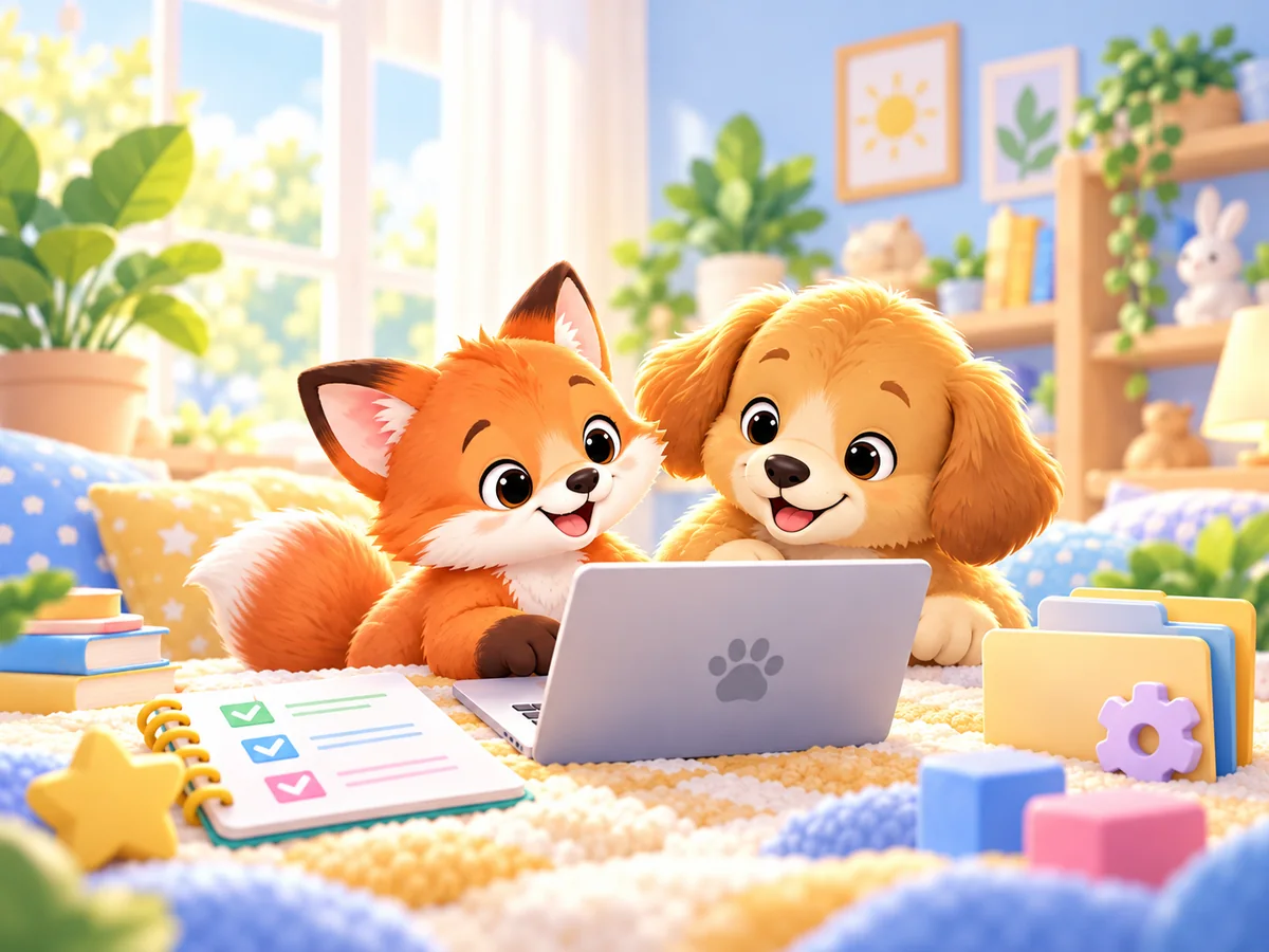 Cute fox and puppy using a laptop together for family settings