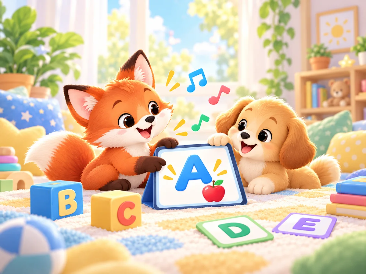 Cute fox and puppy learning letters and sounds together