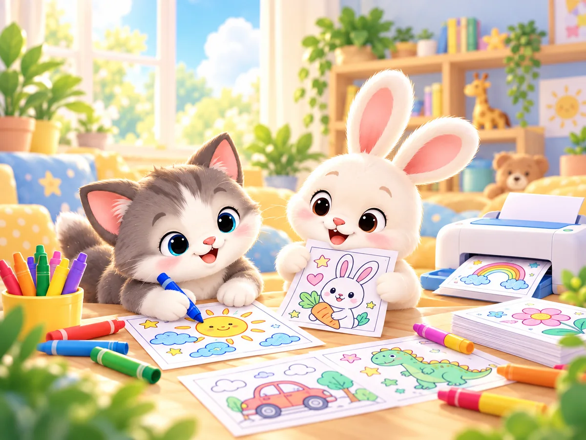 Cute kitten and bunny coloring printable pages together