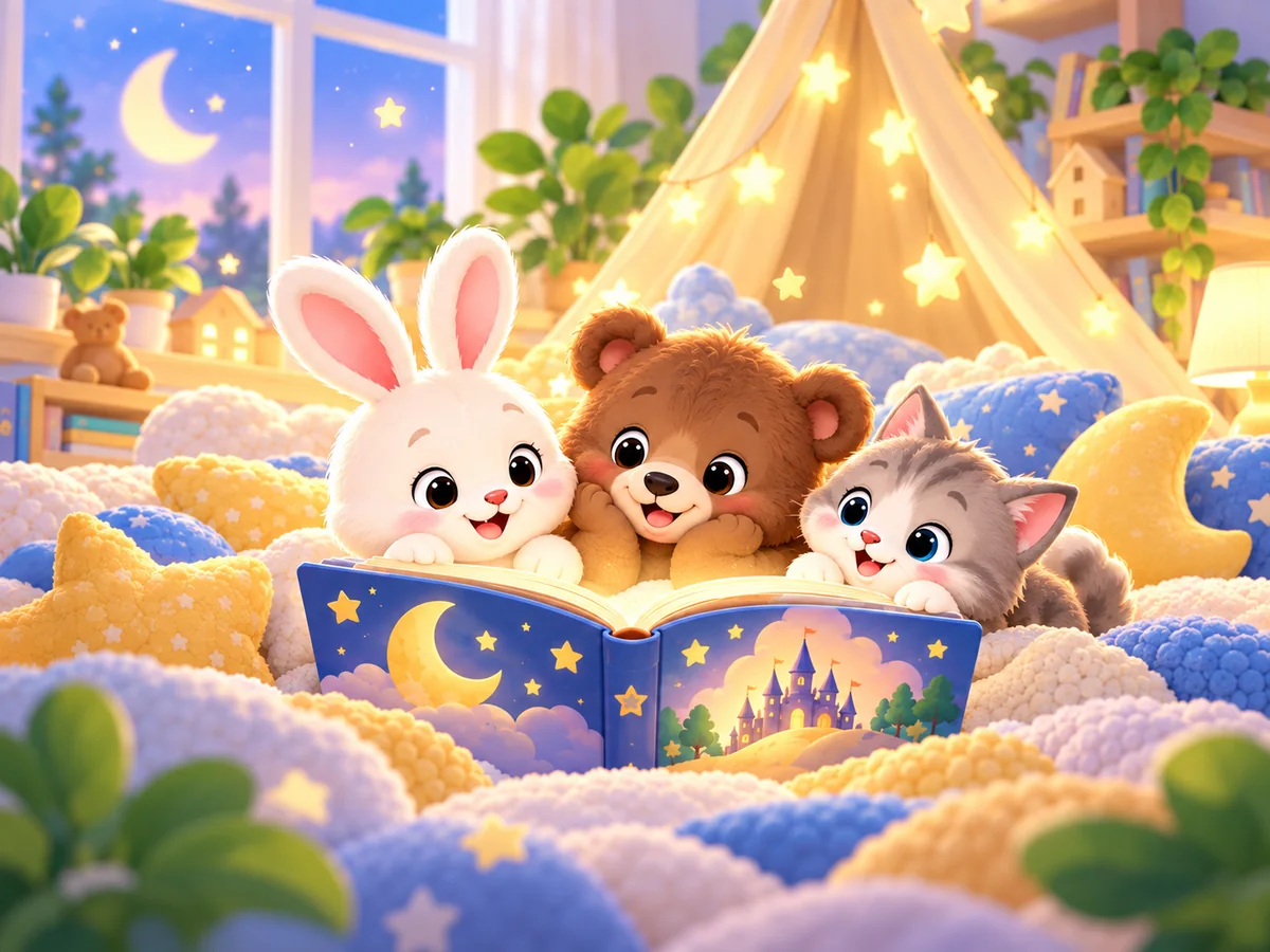 Cute bunny, bear, and kitten reading a bedtime story together