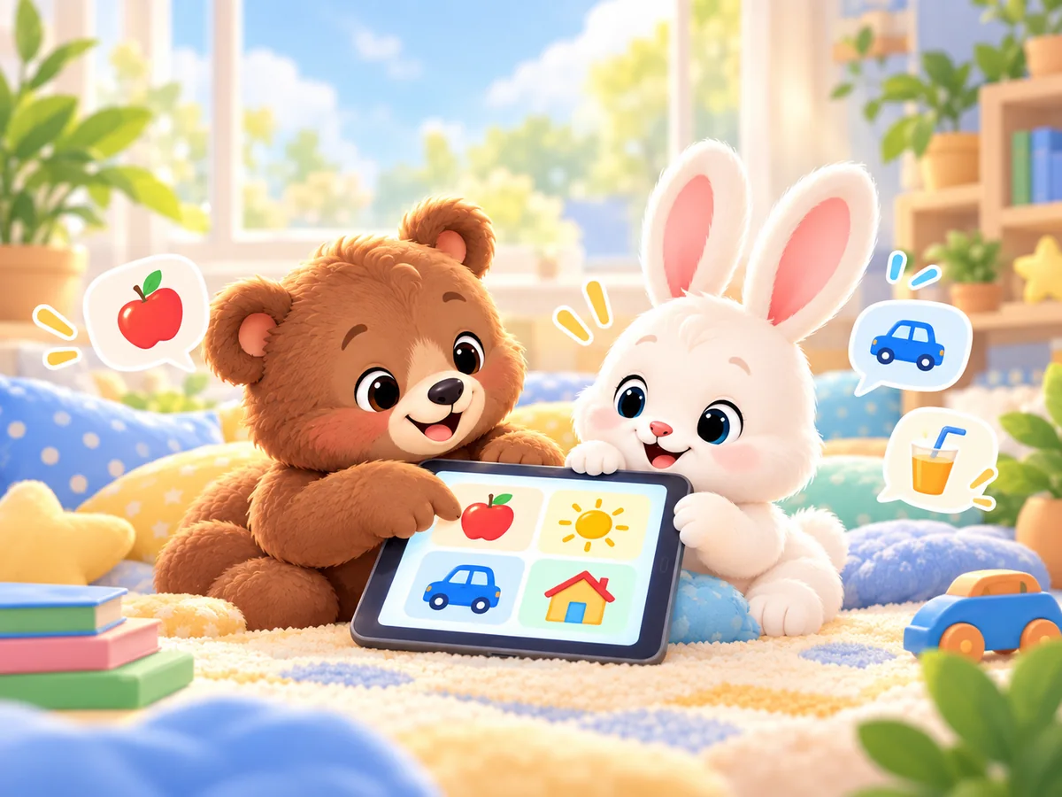 Cute bear and bunny using a picture communication board together