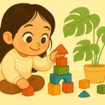 Young girl stacking colorful blocks, building focus, creativity, and learning through play