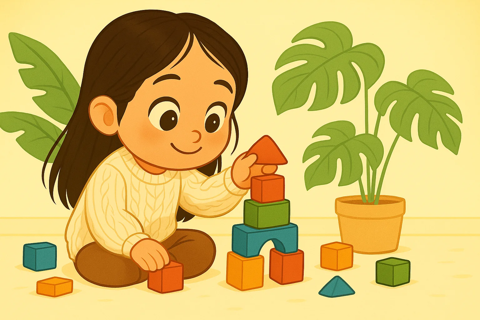 Young girl stacking colorful blocks, building focus, creativity, and learning through play