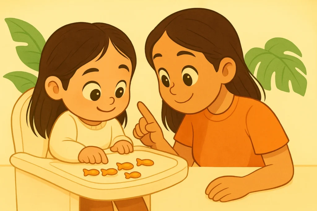 Parent teaching child to count using goldfish crackers, learning through play and daily routine