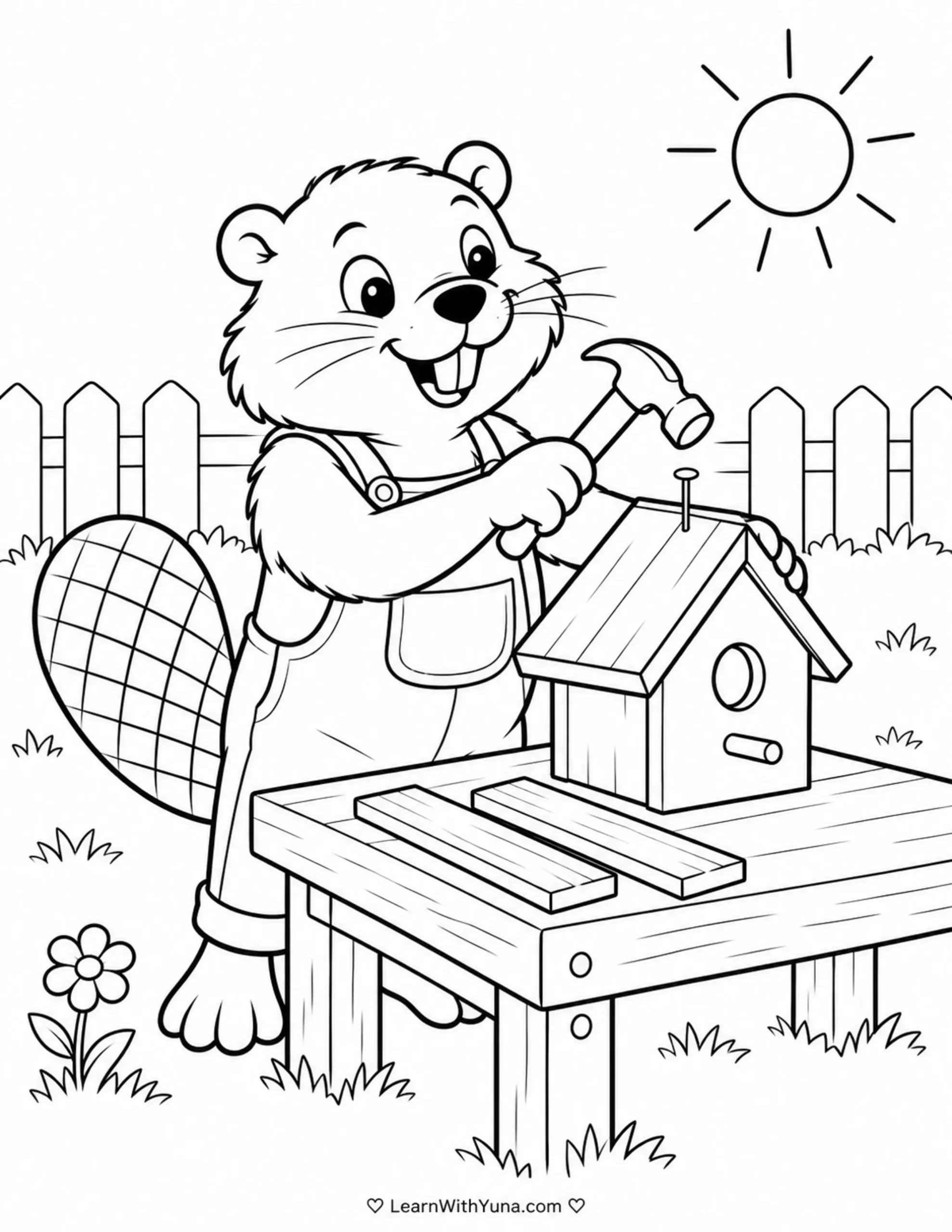 Busy Beaver Builds a Birdhouse Coloring Page