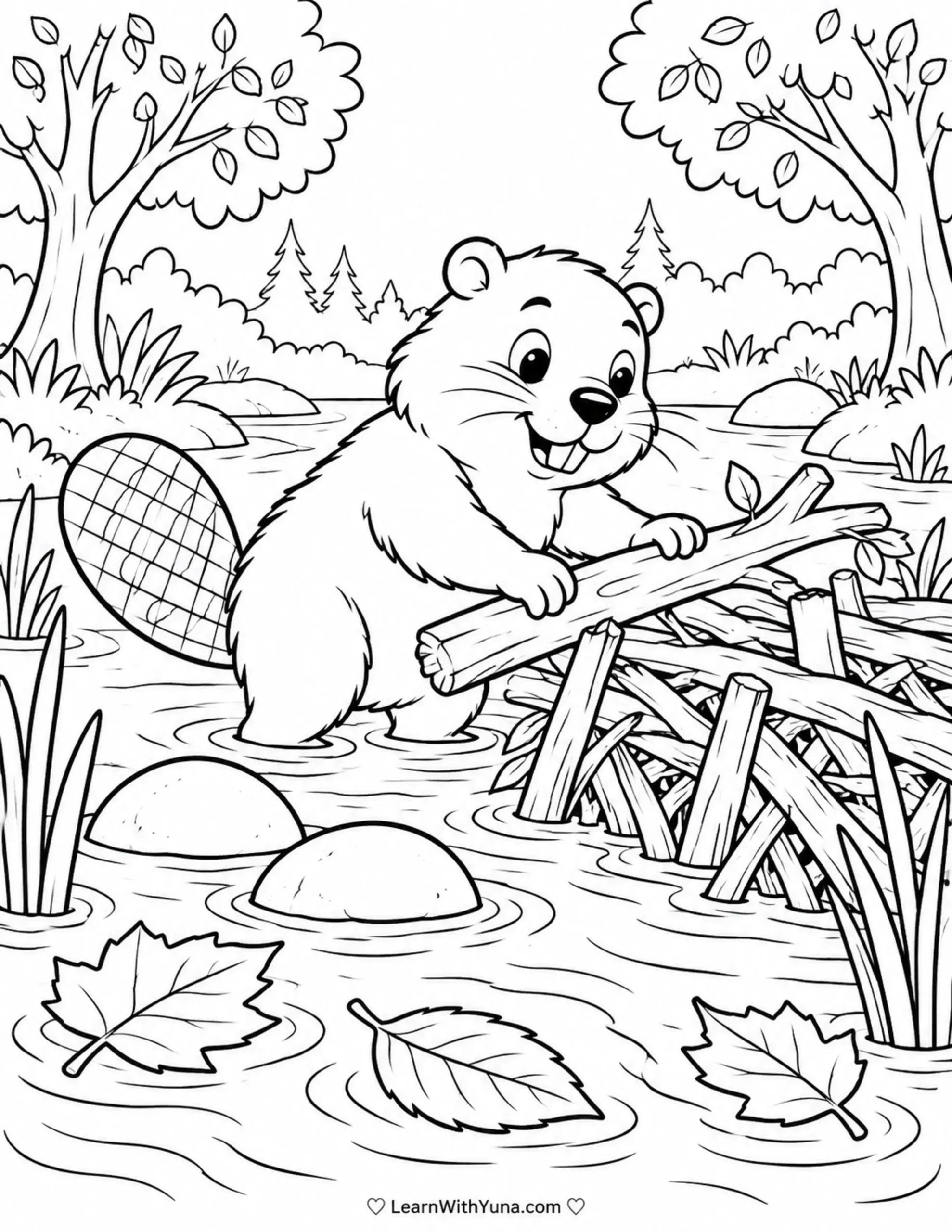 Busy Beaver Building a Dam Coloring Page