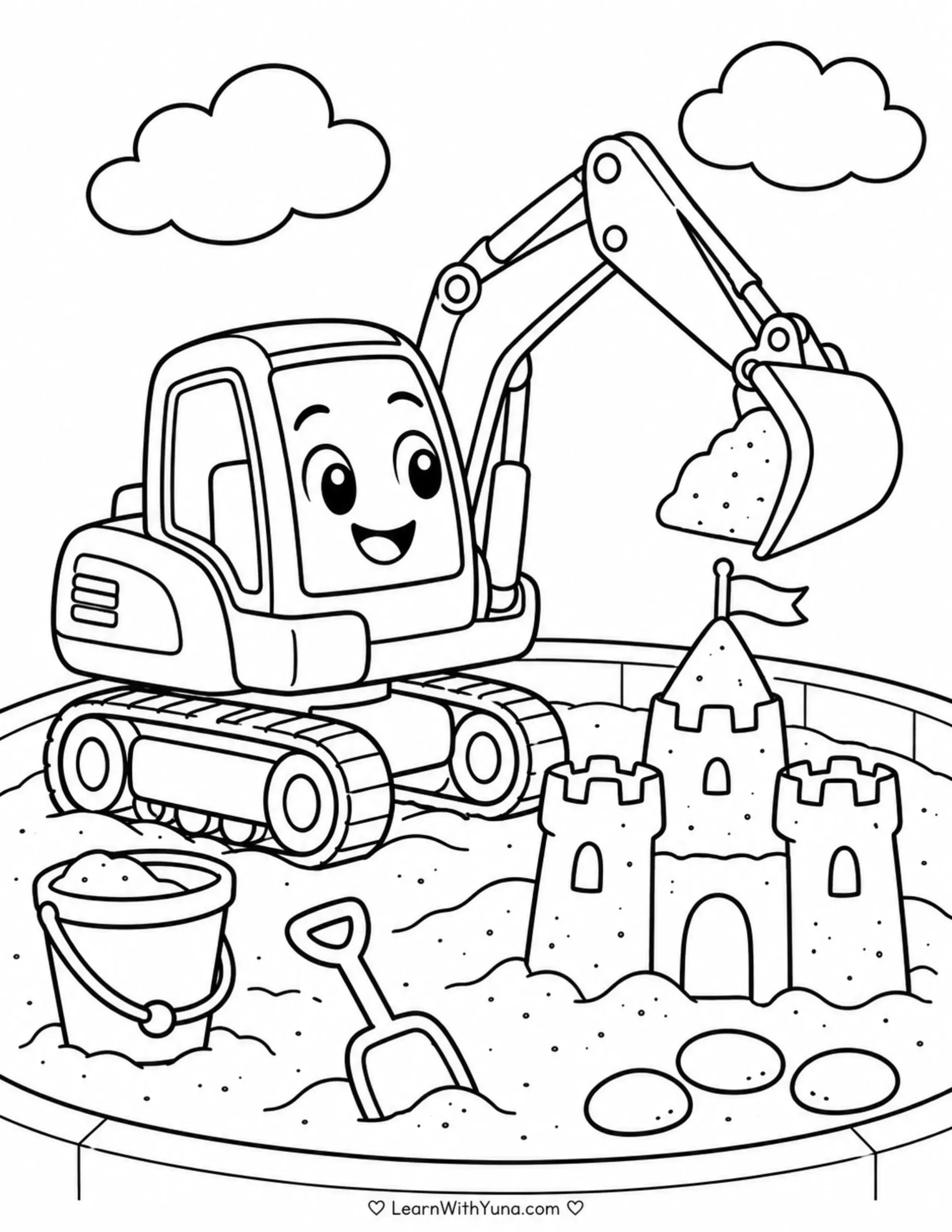 Busy Excavator Builds a Sandcastle Coloring Page