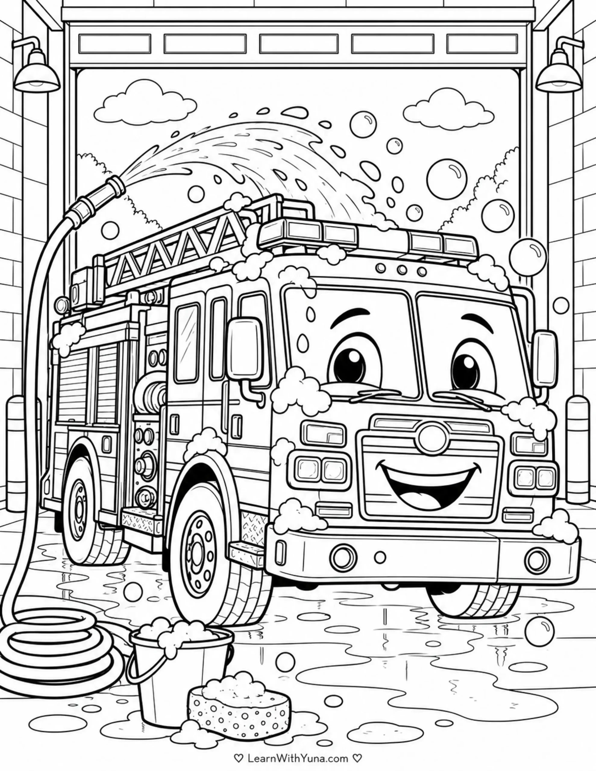 Friendly Fire Truck Wash Day Coloring Page