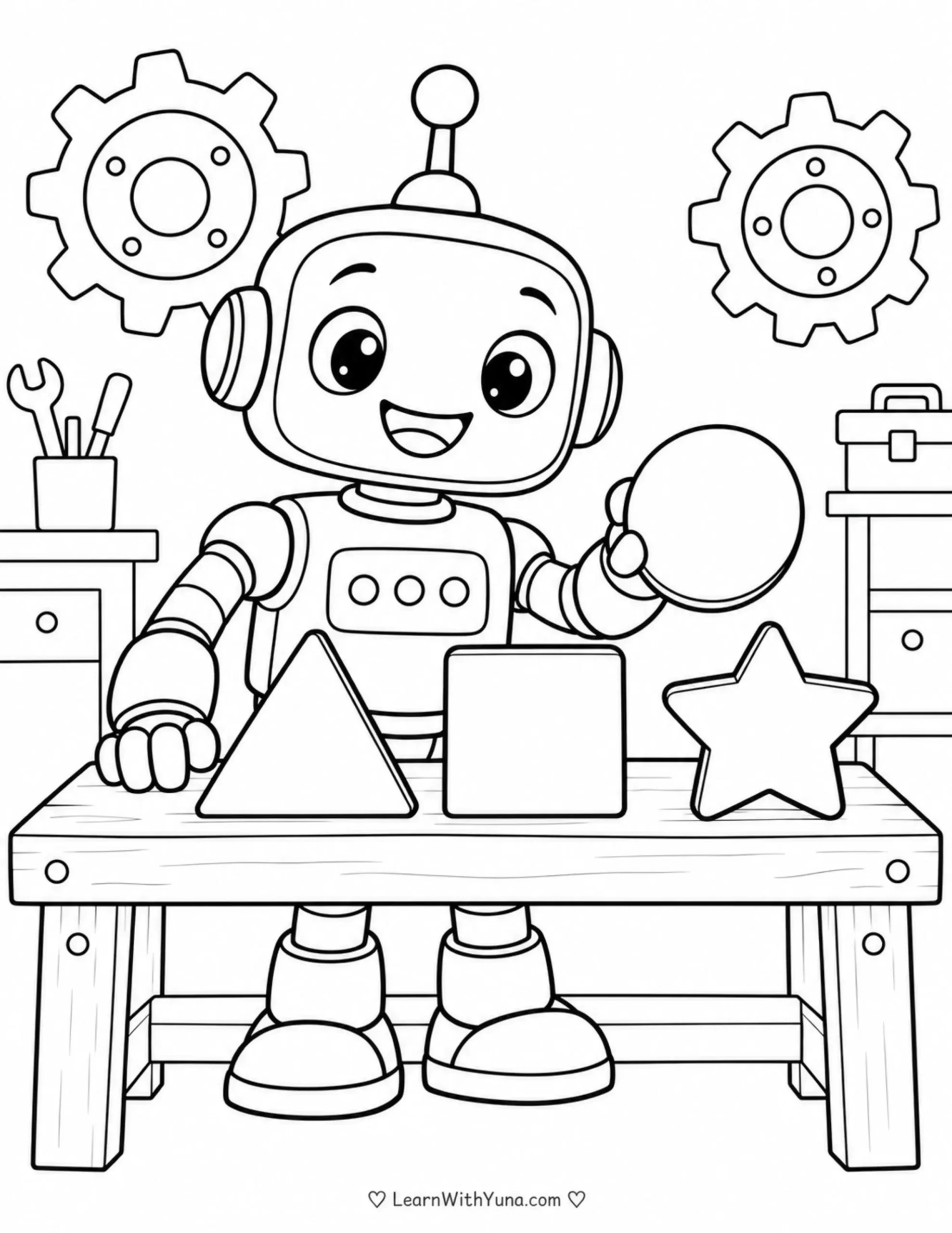 Friendly Robot’s Shape-Sorting Workshop Coloring Page