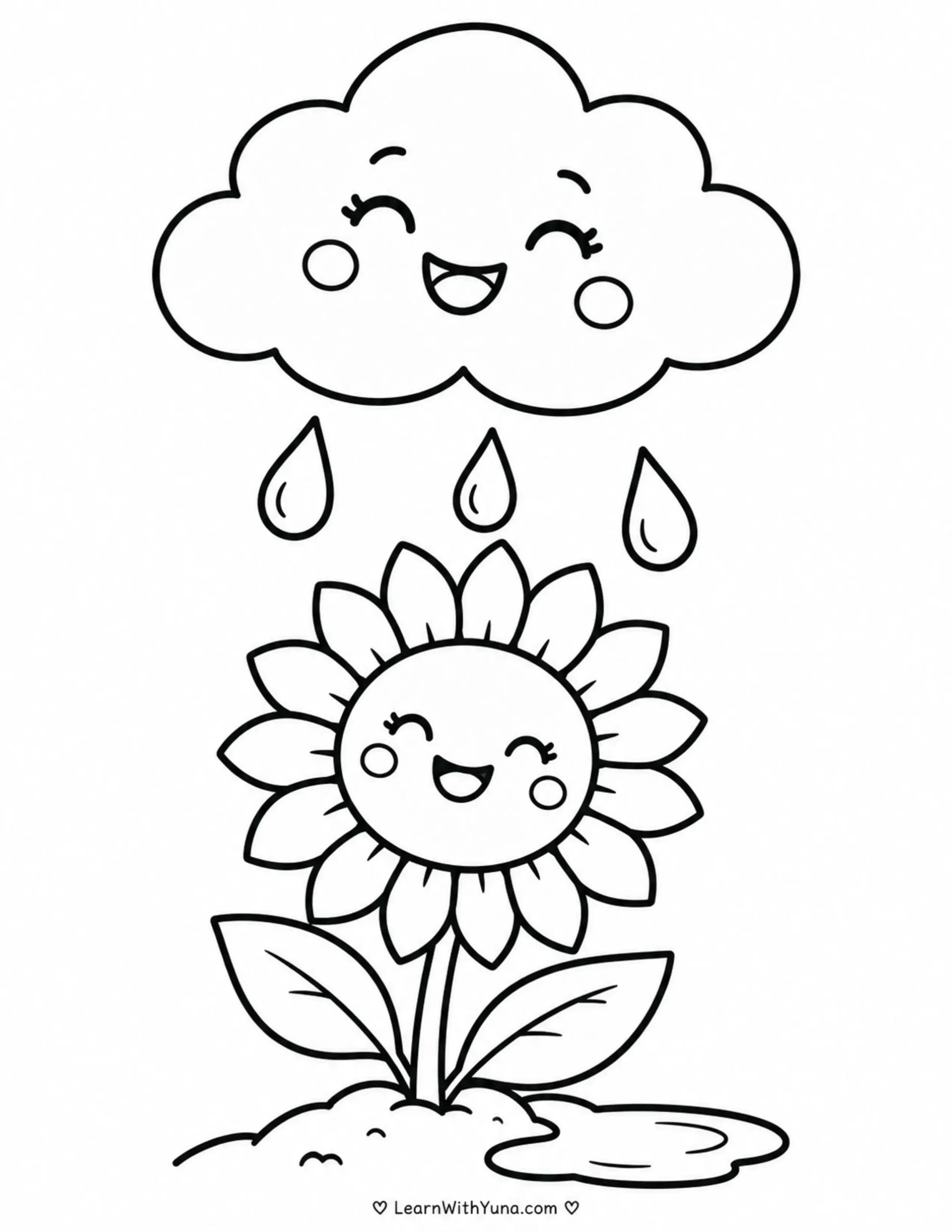 Happy Rain Cloud Helps a Sunflower Grow Coloring Page