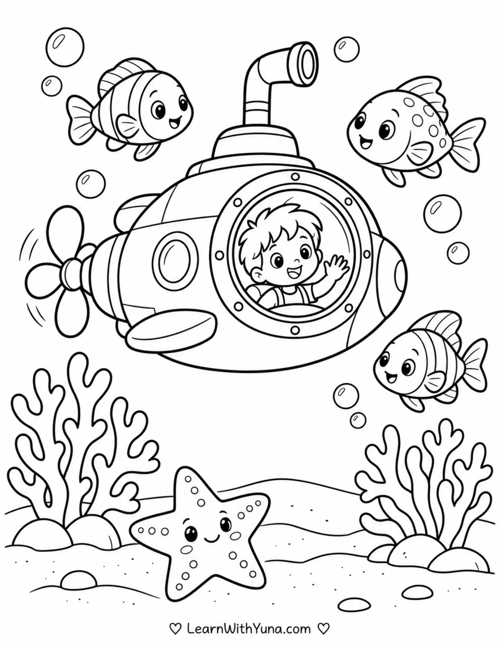 Little Submarine’s Coral Garden Adventure Coloring Page