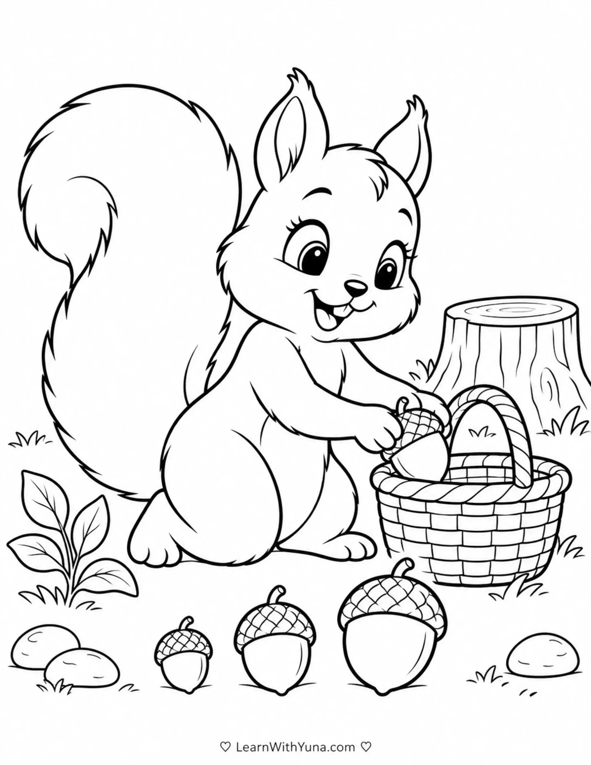 Busy Squirrel’s Acorn Size Sort Coloring Page