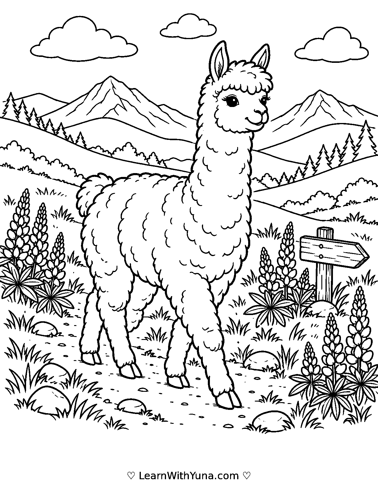 Alpaca Walks Through Mountain Wildflowers Coloring Page printable preview