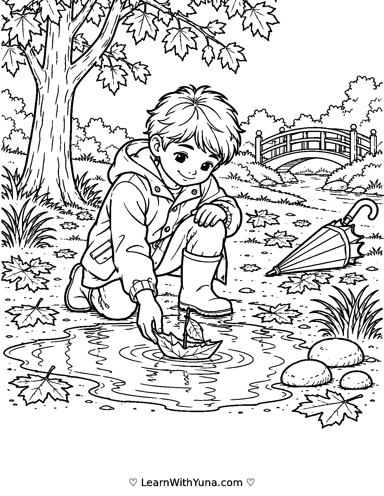 Child Sails a Leaf Boat in an Autumn Puddle Coloring Page printable preview