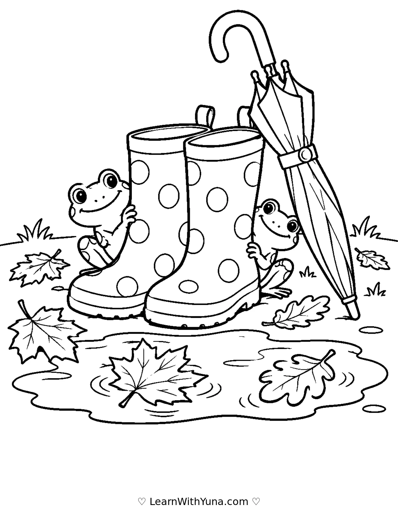 Autumn Rain Boots by a Leafy Puddle Coloring Page printable preview