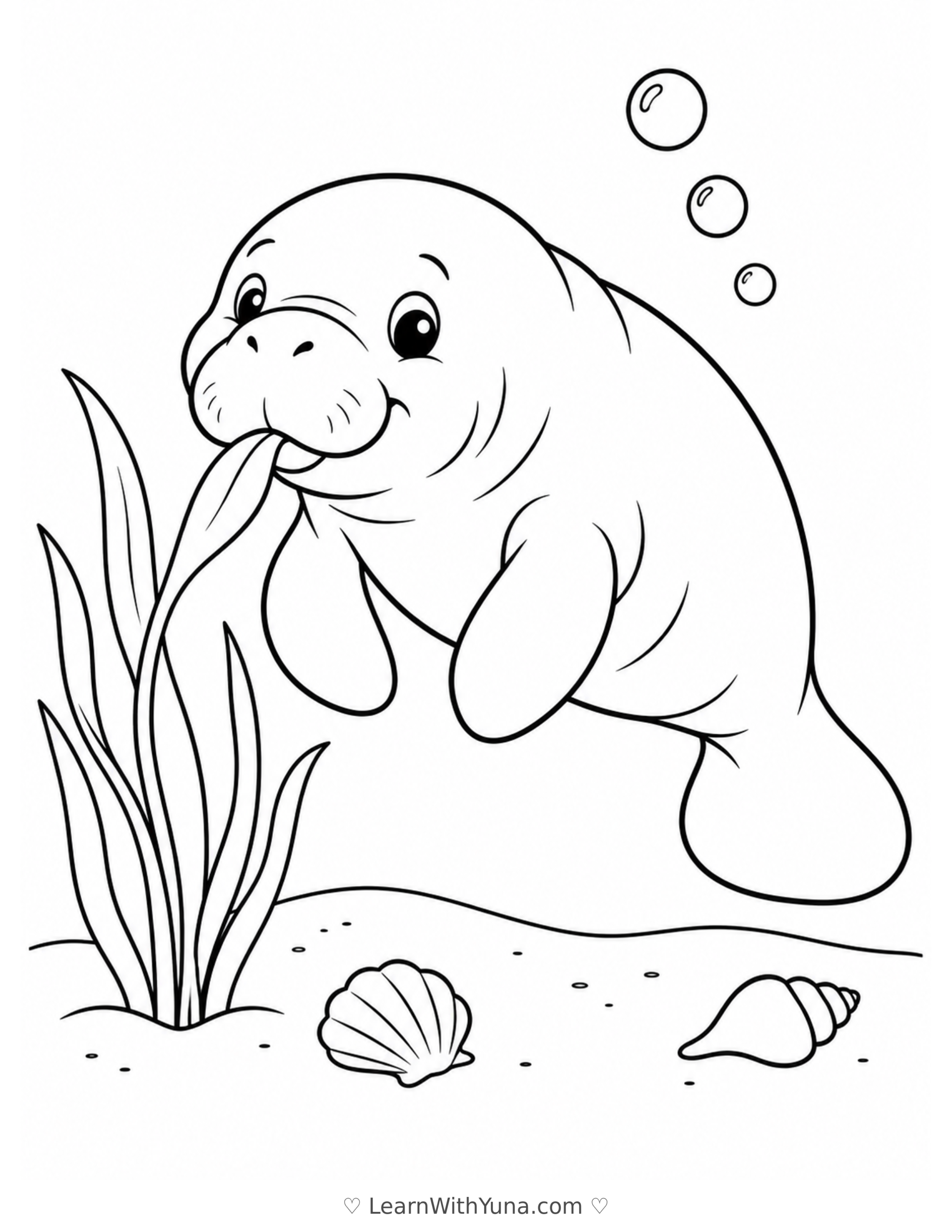 Baby Manatee’s Seagrass Snack Coloring Page