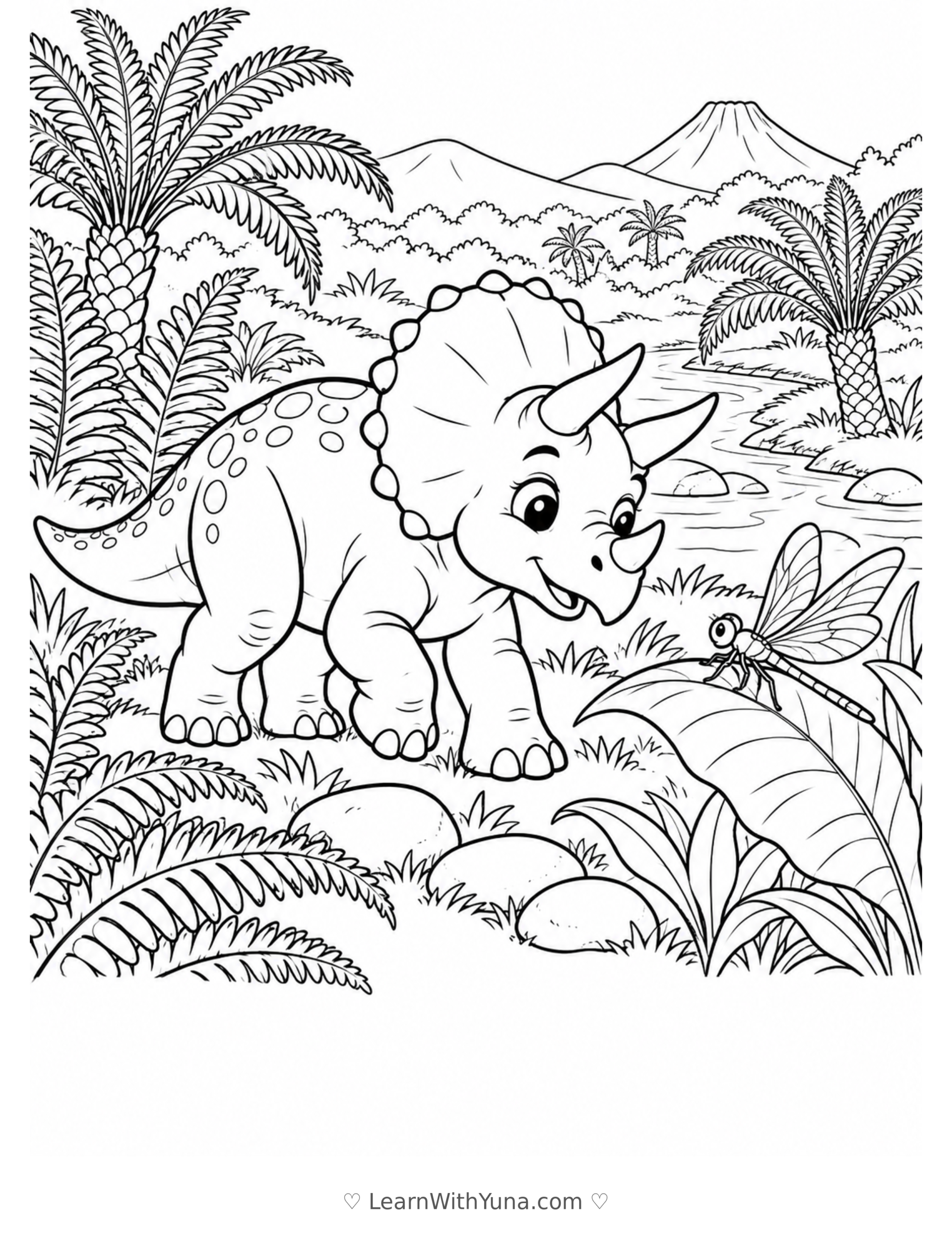 Baby Triceratops’ Fern Meadow Coloring Page