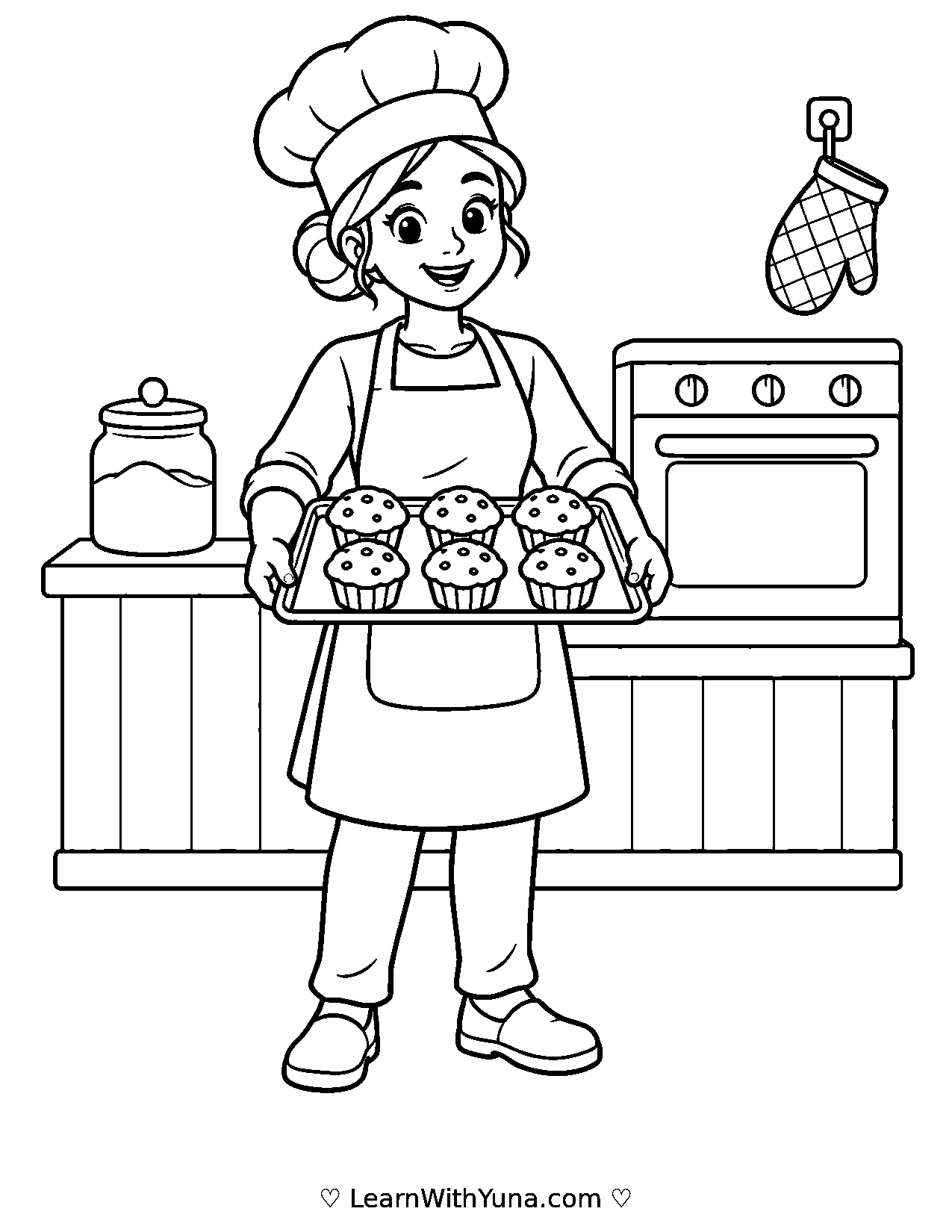 Baker Carries Fresh Muffins Coloring Page printable preview