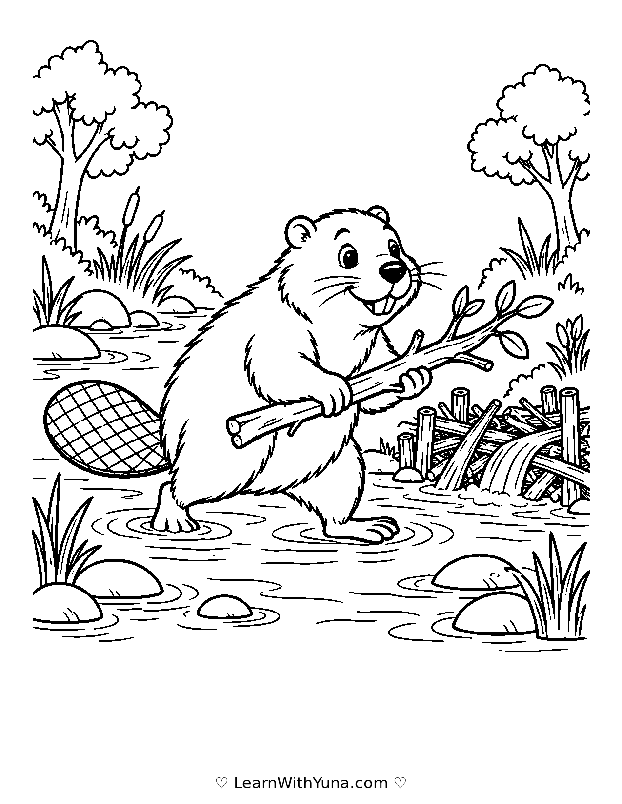 Beaver Builds a Woodland Dam Coloring Page printable preview