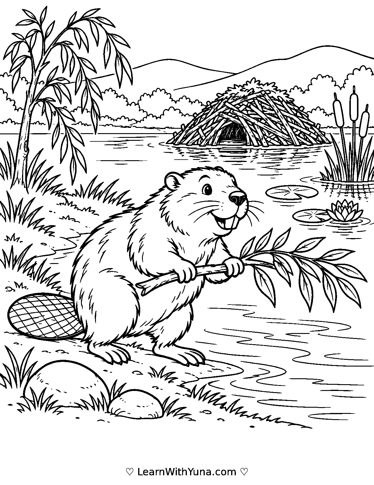 Beaver Carries a Branch to Its Lodge Coloring Page printable preview