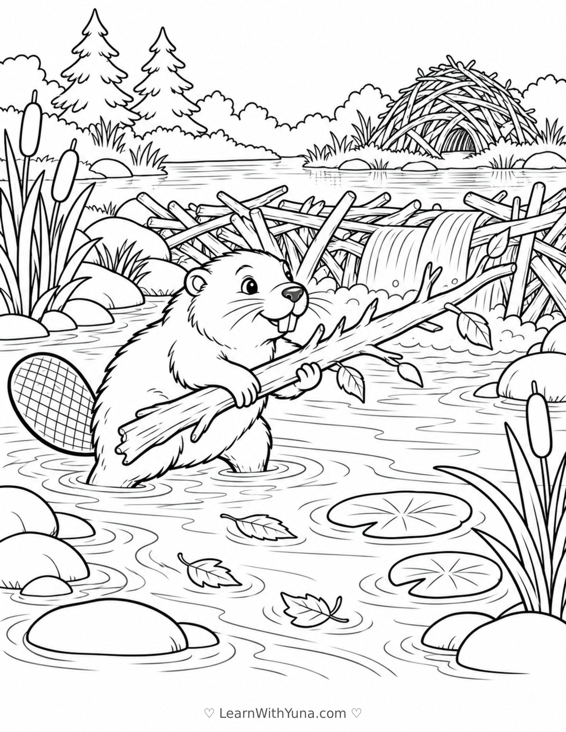 Busy Beaver’s Streamside Dam Coloring Page