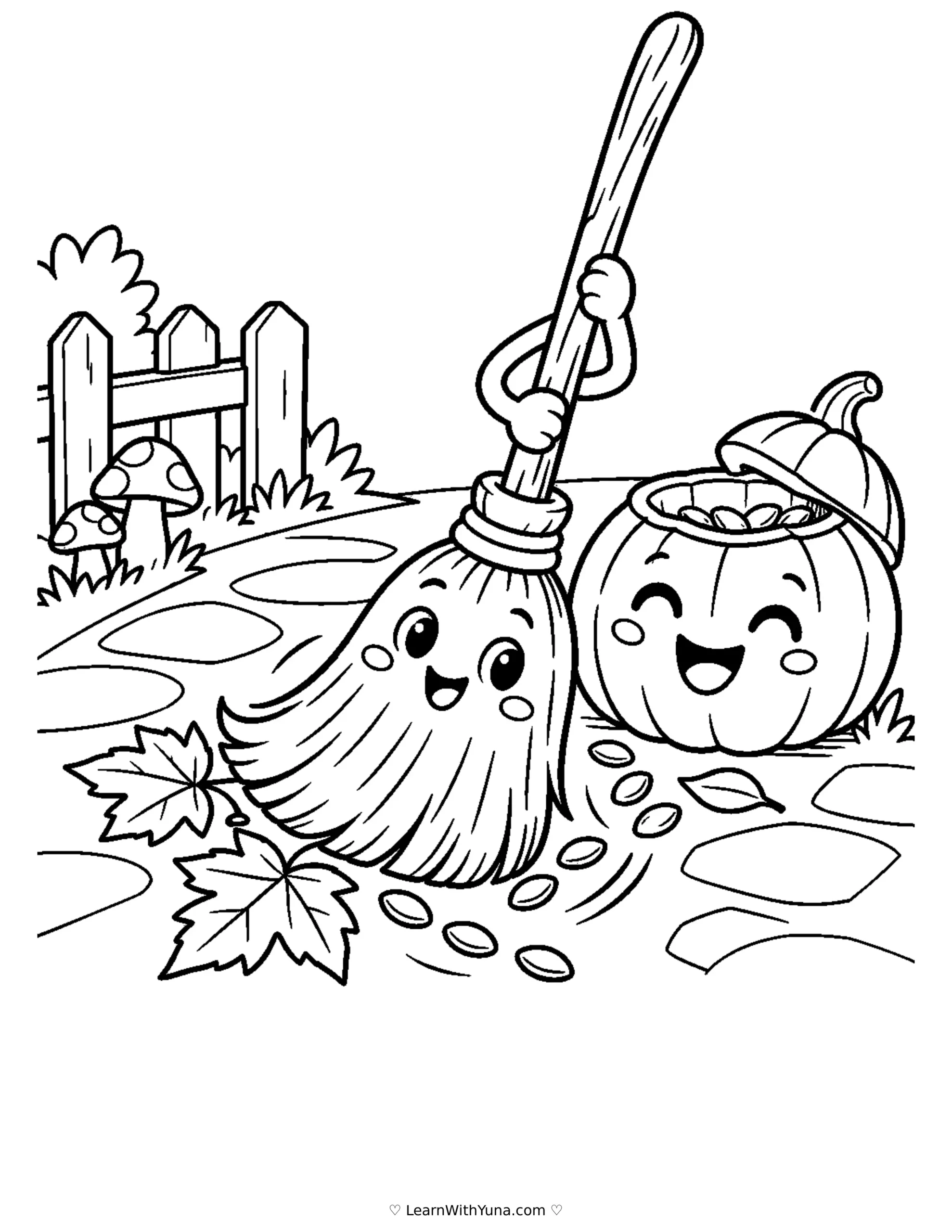Busy Broom’s Pumpkin-Seed Sweep Coloring Page