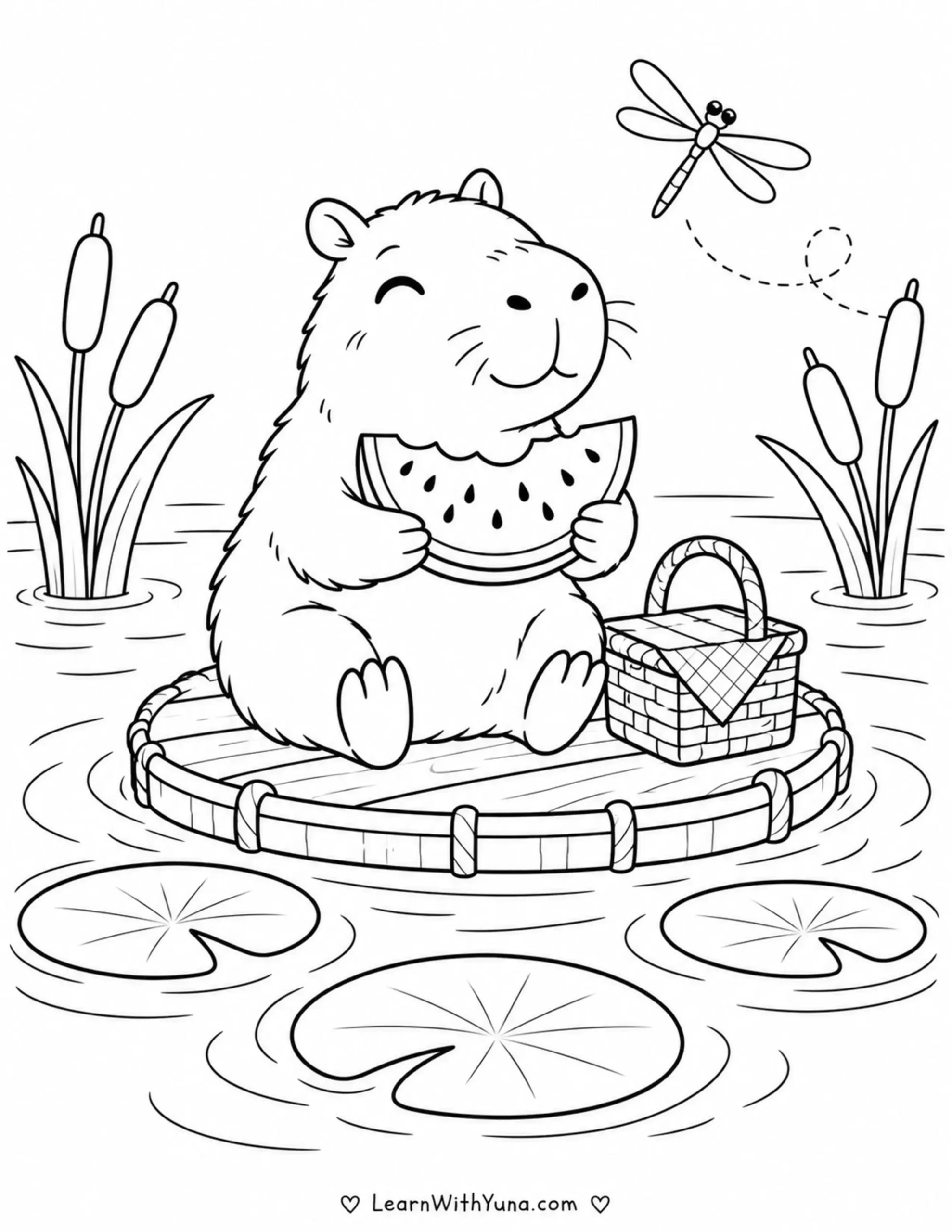 Capybara’s Floating Picnic Coloring Page