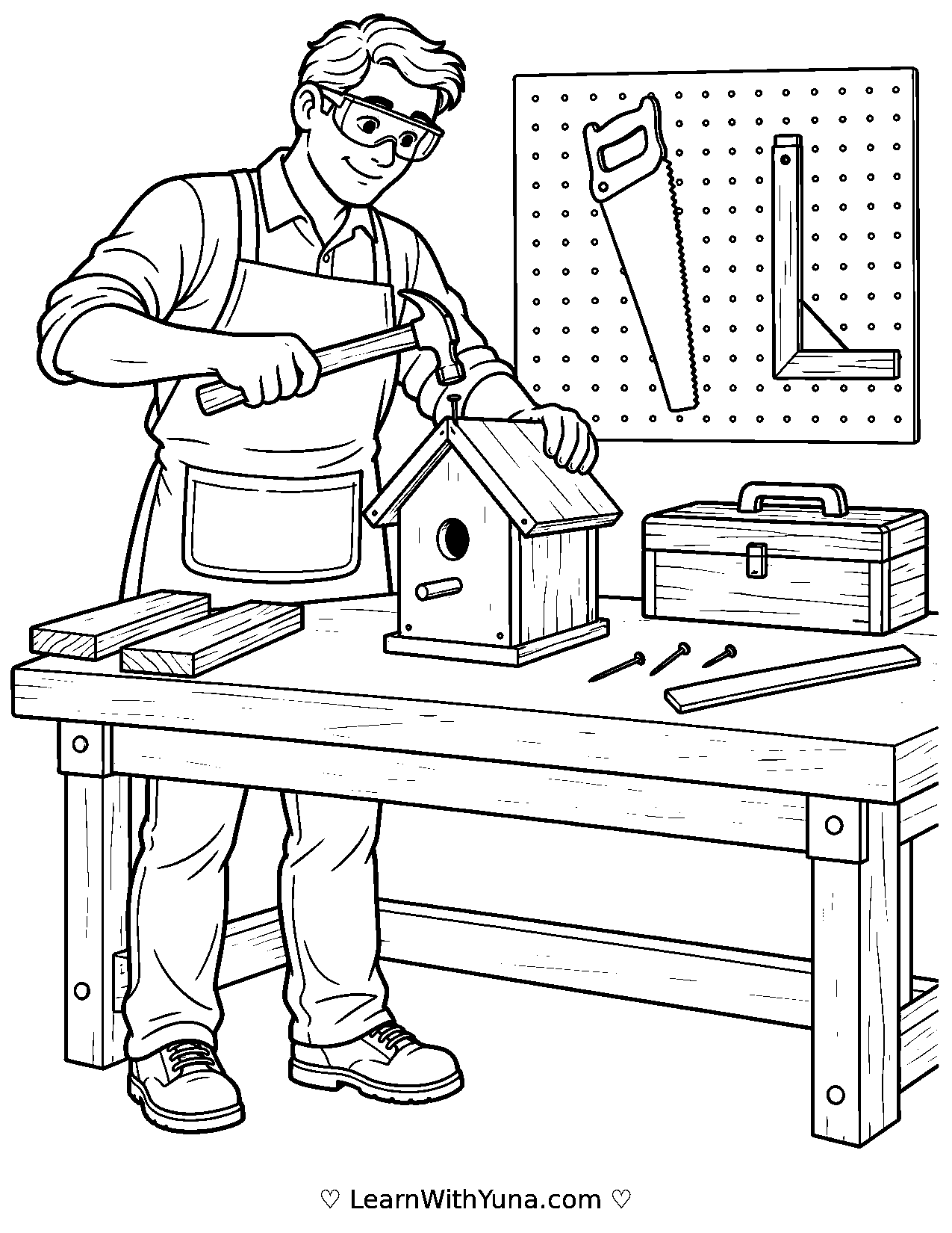 Carpenter Builds a Wooden Birdhouse Coloring Page printable preview
