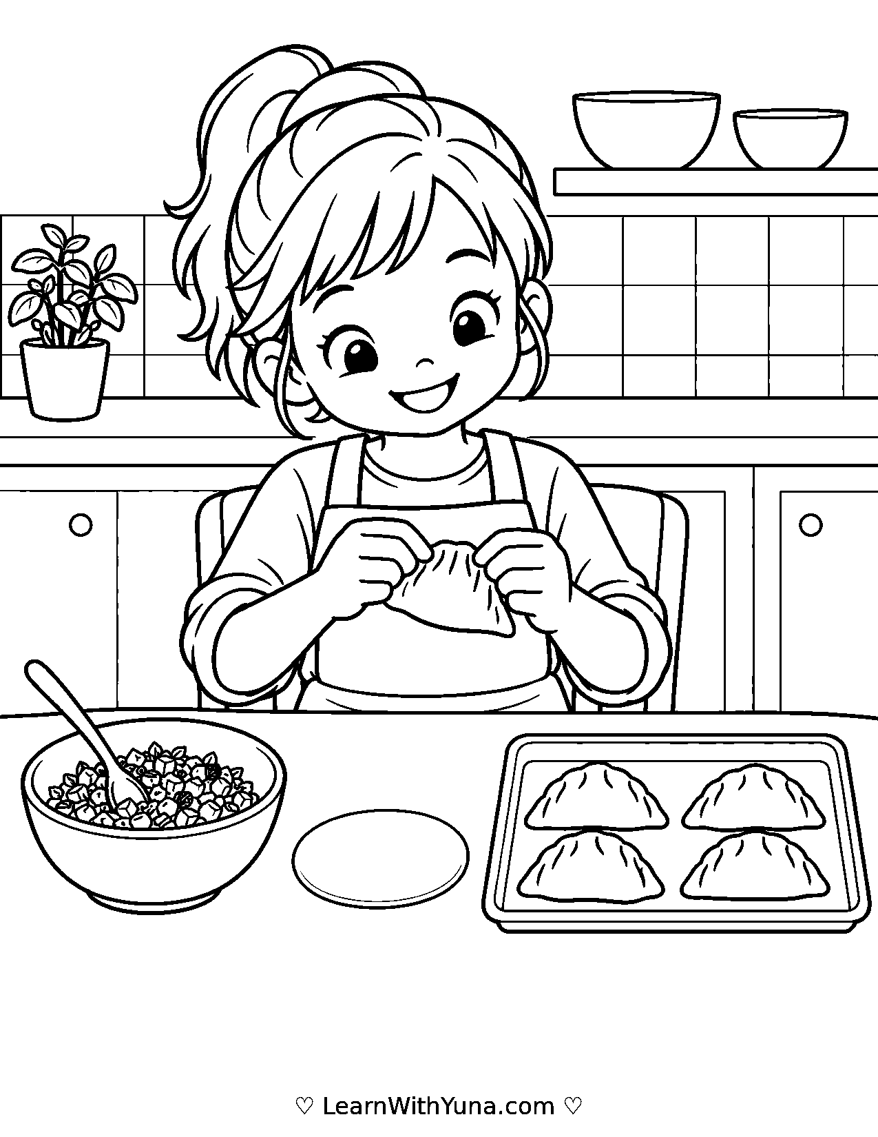 Child Folds Vegetable Dumplings Coloring Page printable preview