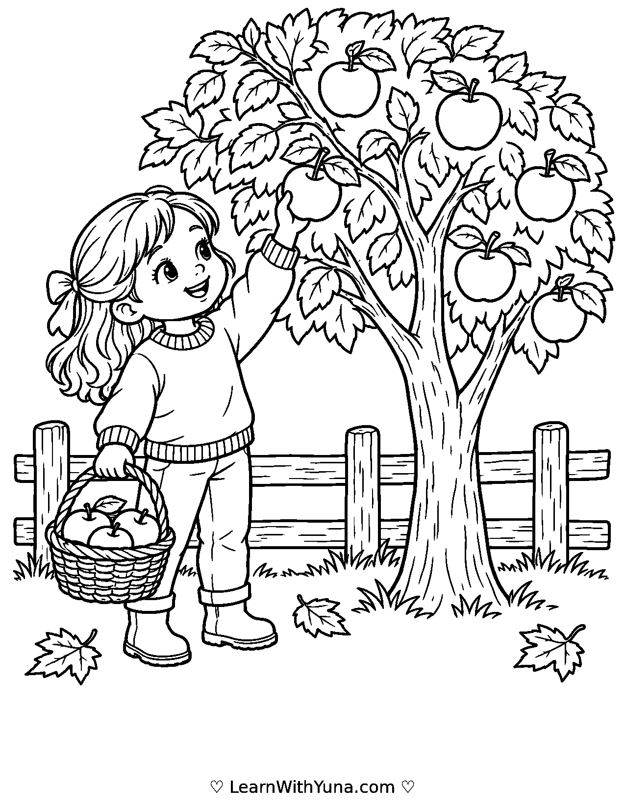 Child Picks Apples in an Autumn Orchard Coloring Page printable preview