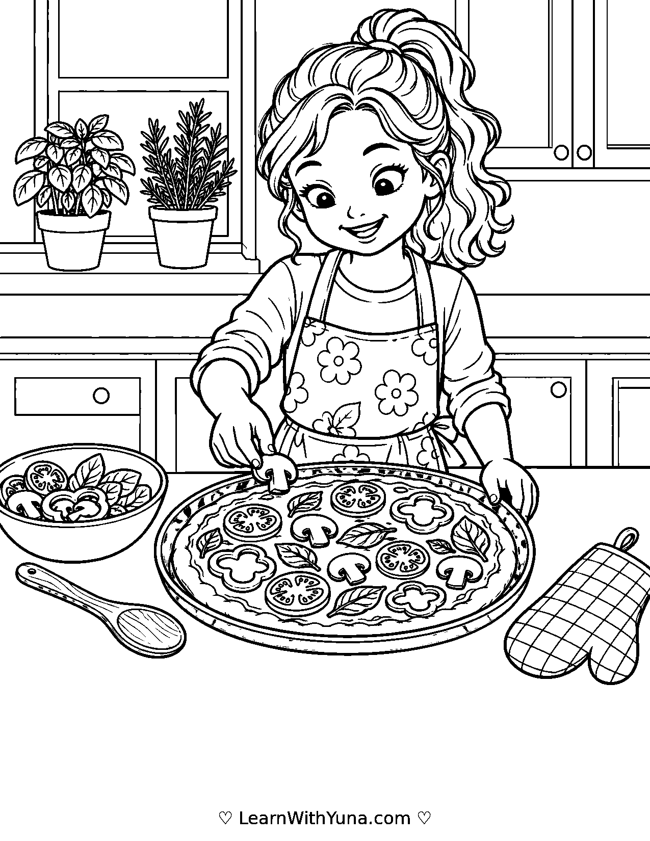 Child Tops a Garden Vegetable Pizza Coloring Page printable preview