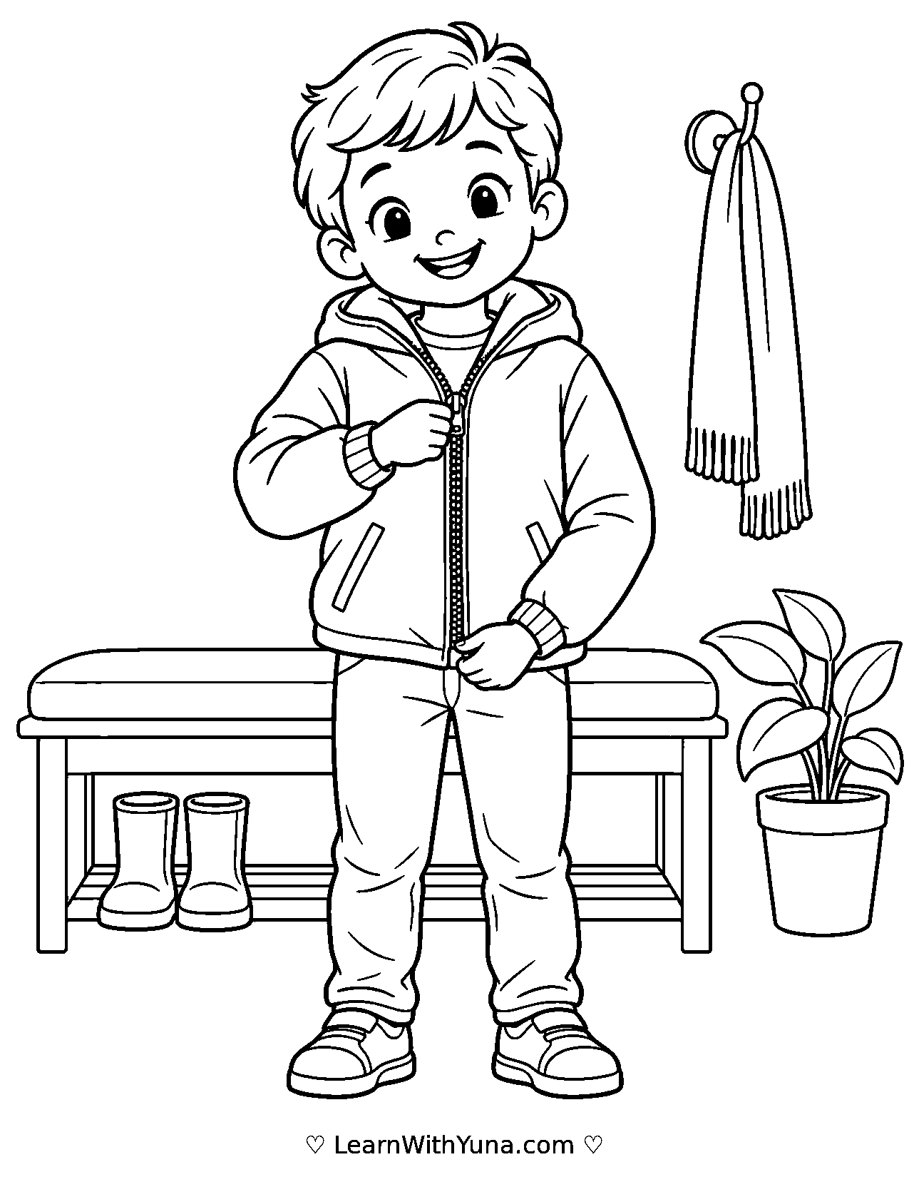 Child Learns to Zip a Jacket Coloring Page printable preview