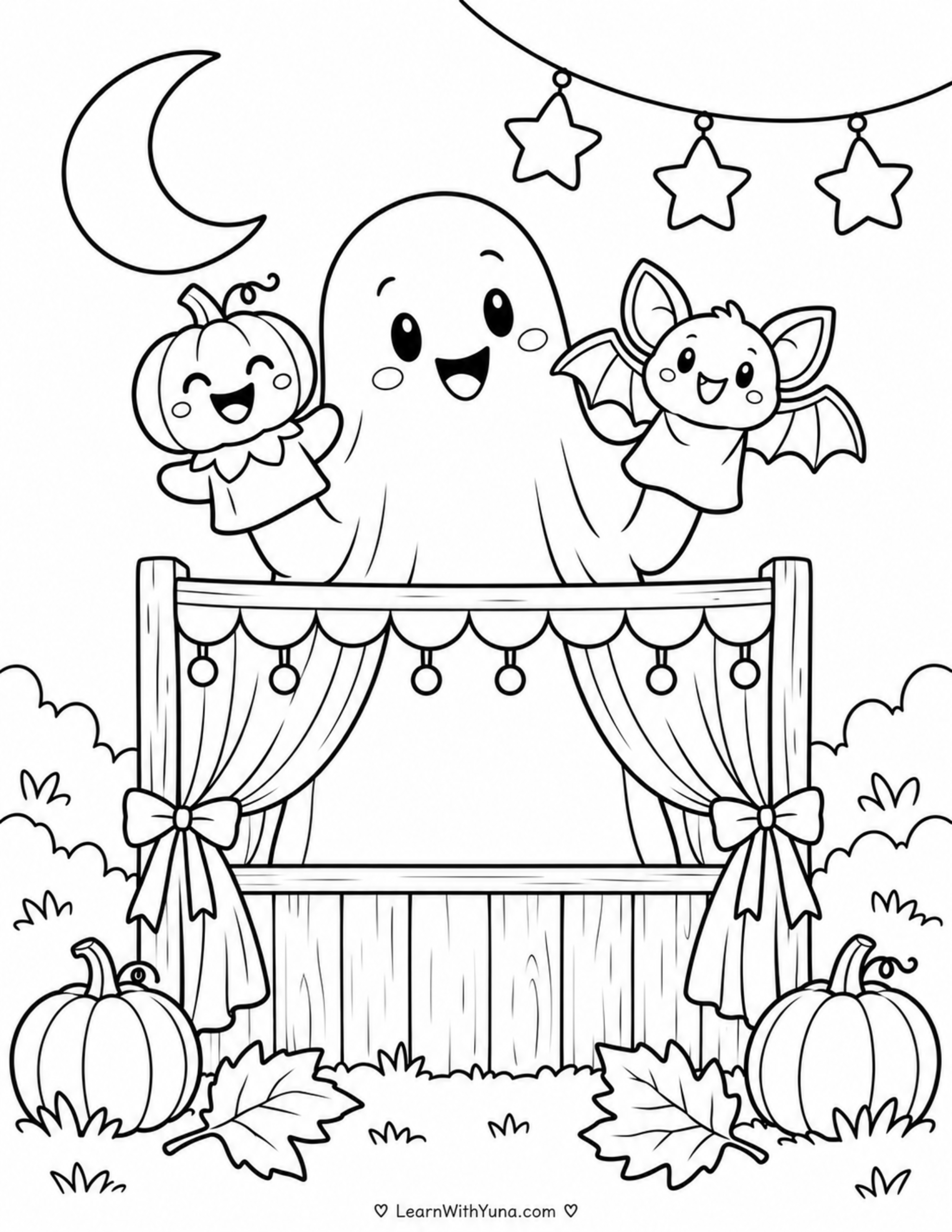 Friendly Ghost’s Pumpkin Puppet Theater Coloring Page
