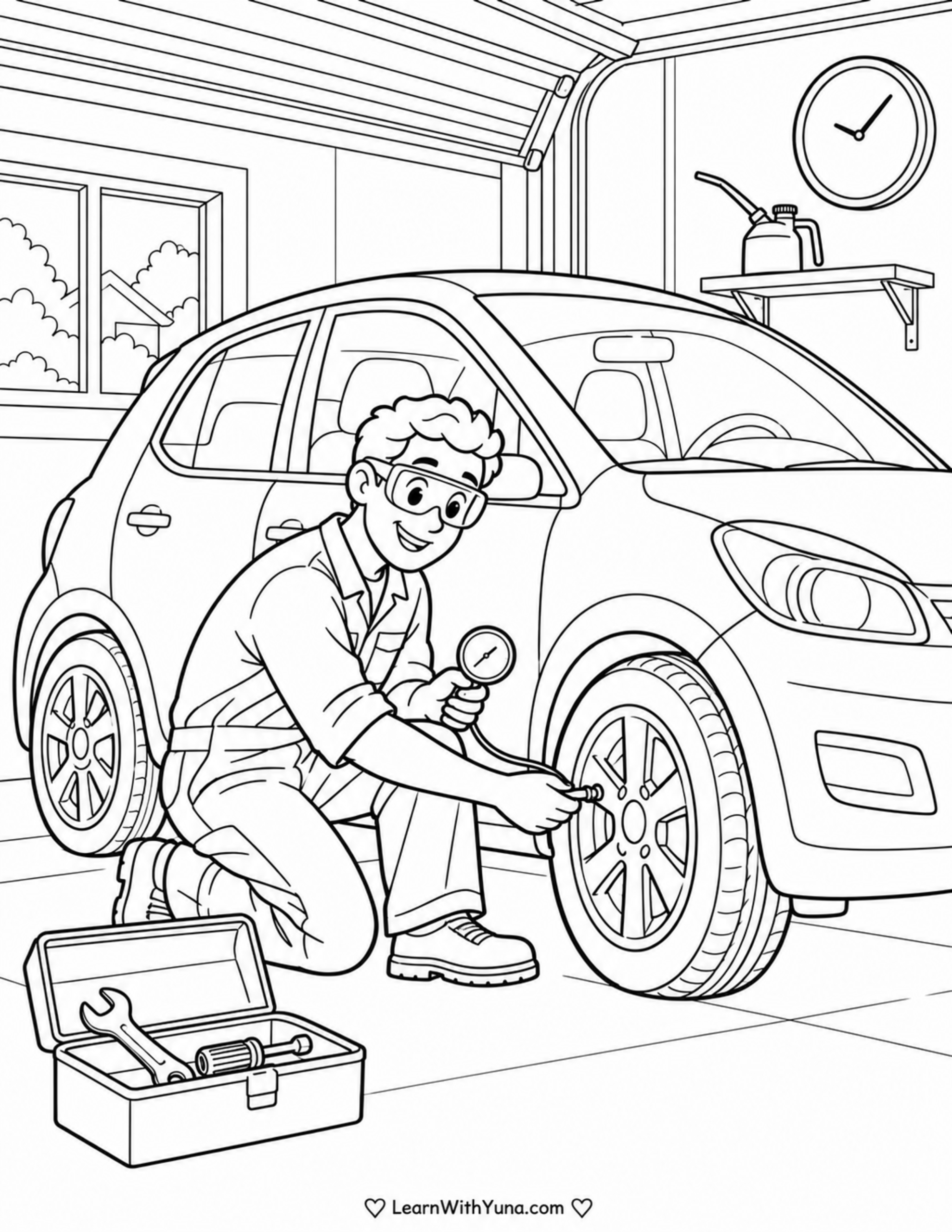 Friendly Mechanic’s Tire Check Coloring Page