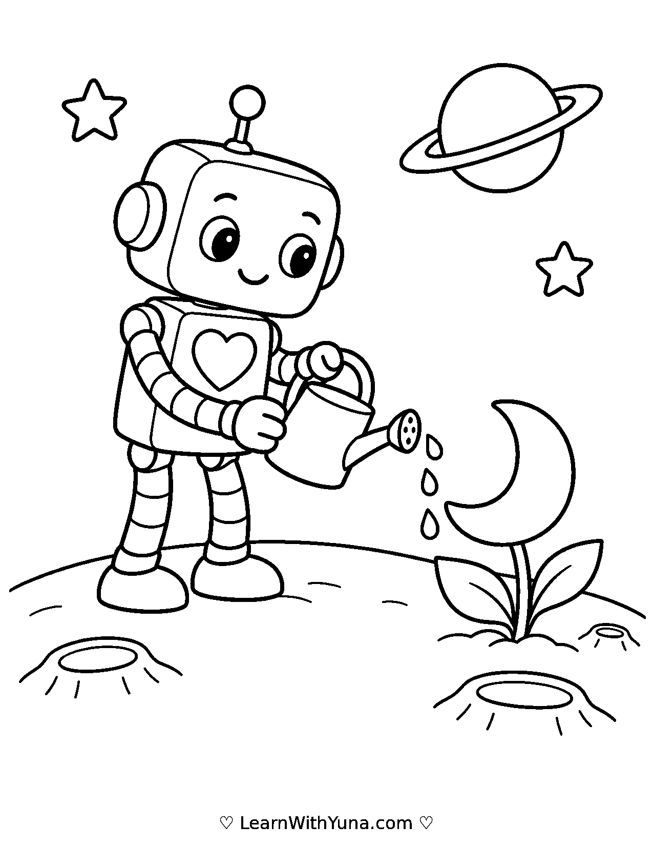 Friendly Robot Waters a Moon Flower Coloring Page printable preview