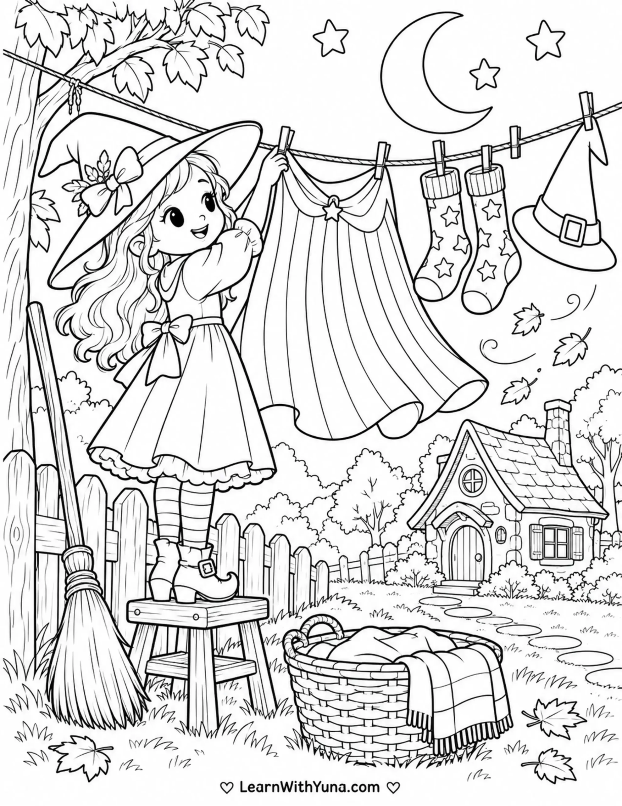 Friendly Witch’s Moonlight Laundry Day Coloring Page