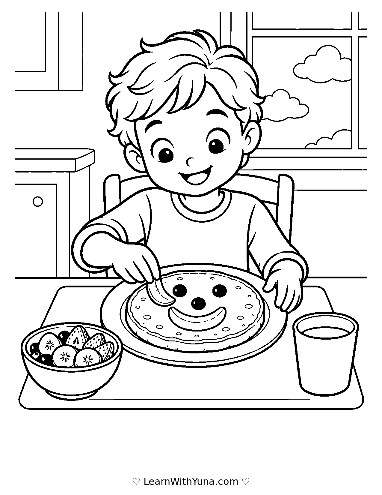 Child Decorates a Pancake with Fruit Coloring Page