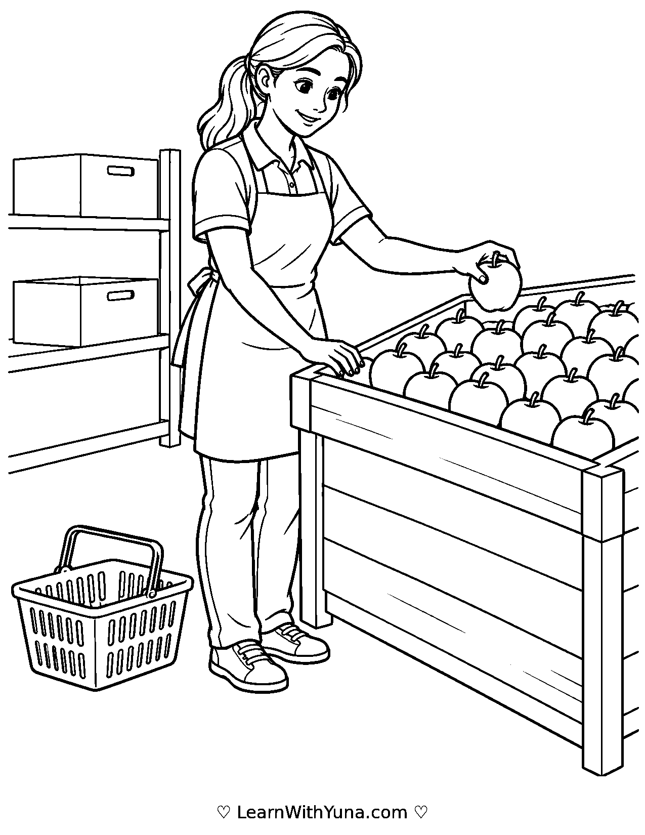 Grocery Clerk Stocks an Apple Display Coloring Page printable preview