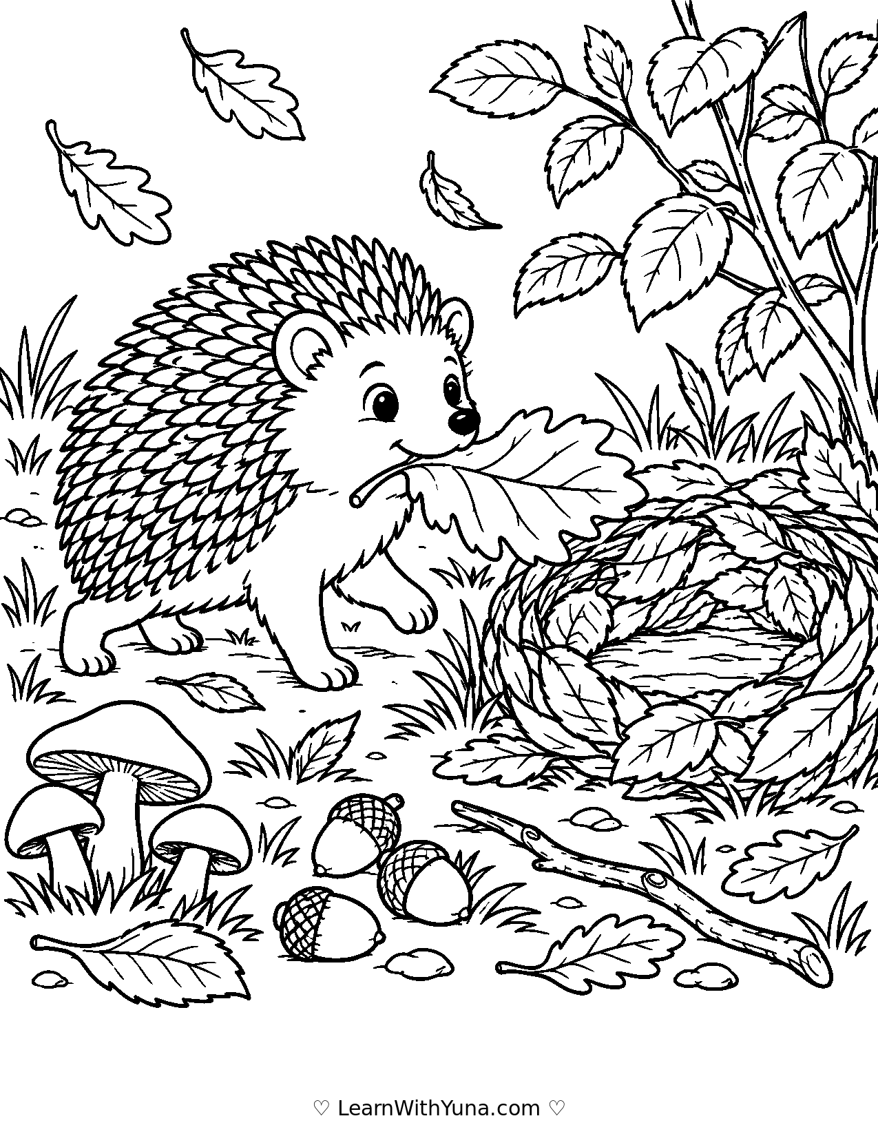 Hedgehog Builds a Leaf Nest Coloring Page printable preview