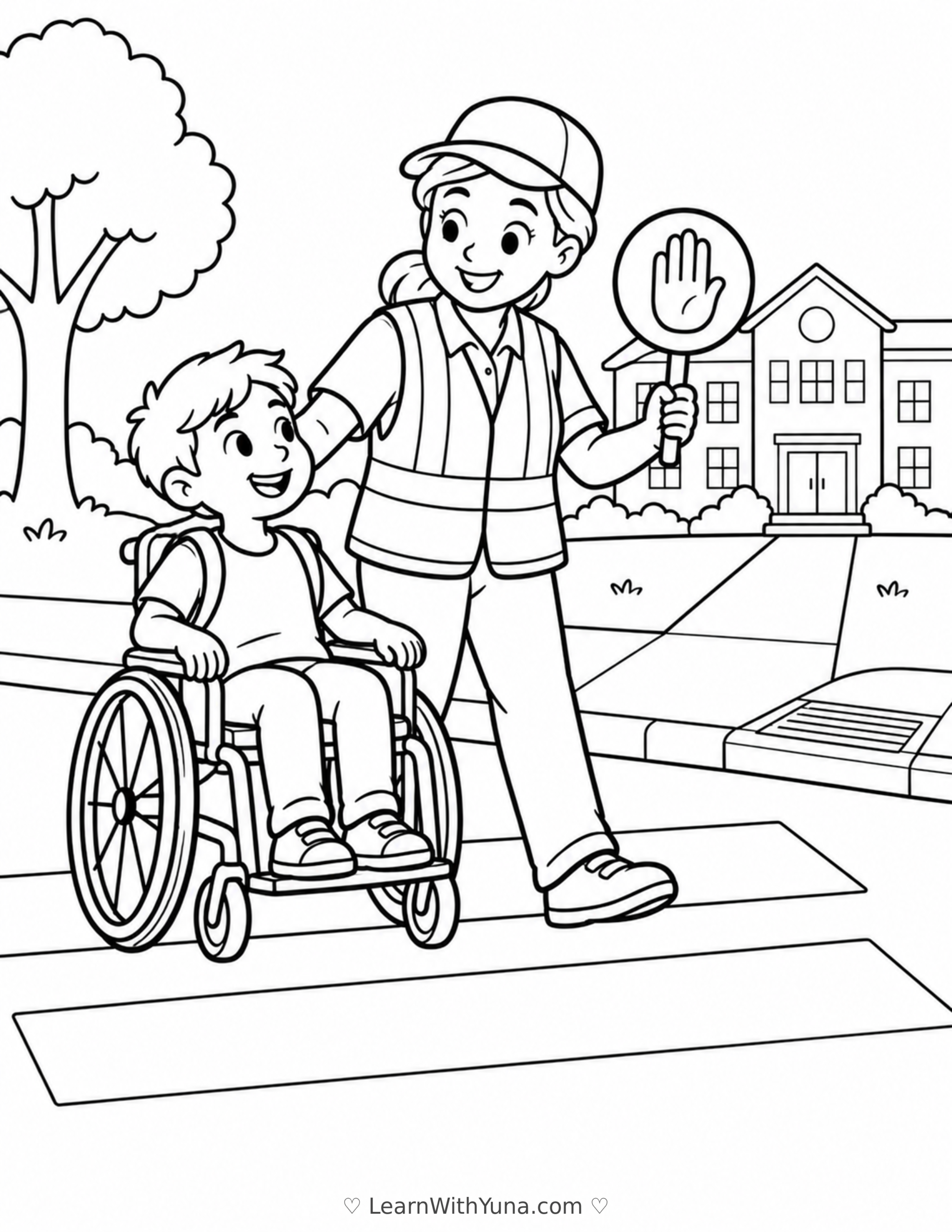Kind Crossing Guard’s Safe Walk Coloring Page