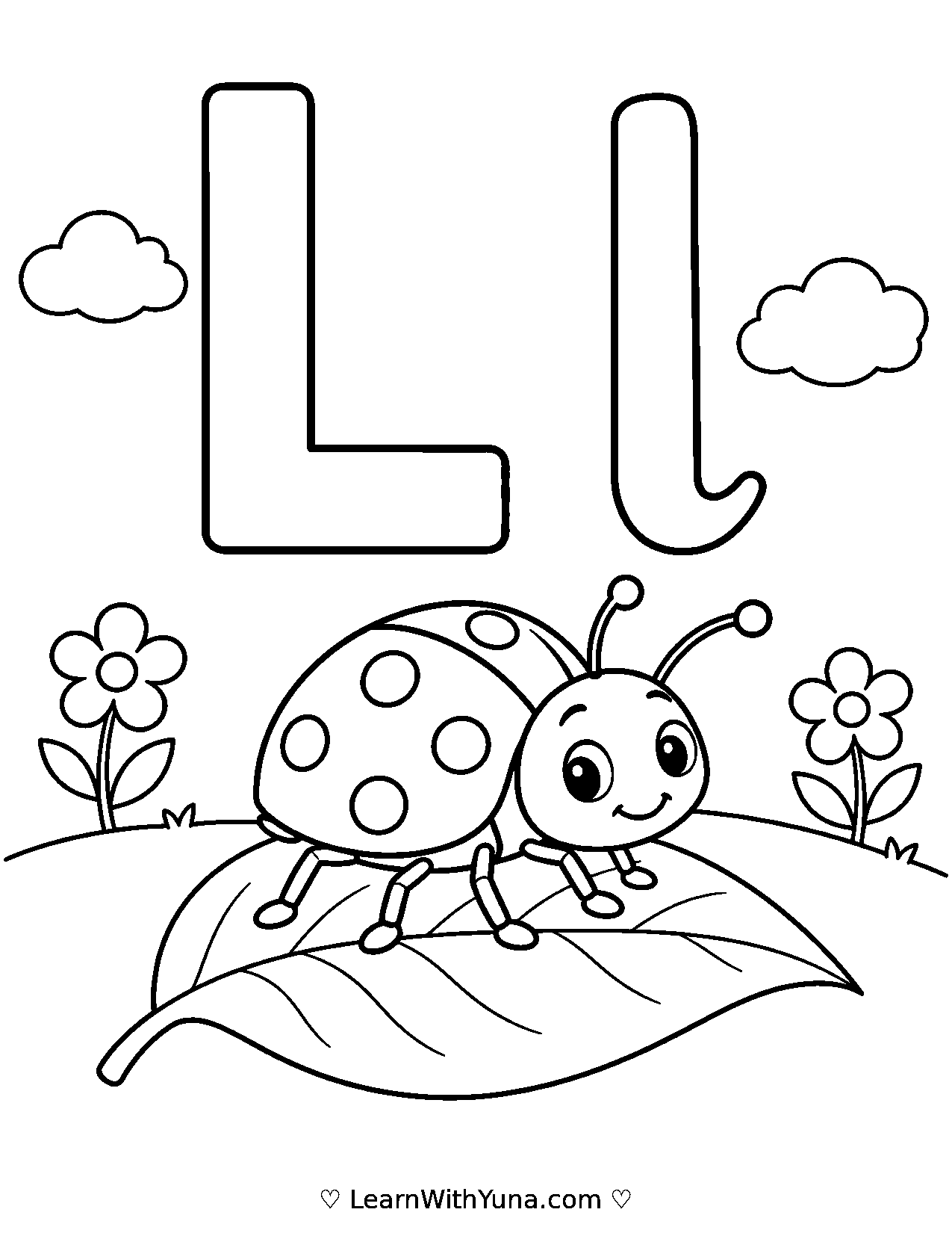 Letter L Ladybug Lands on a Leaf Coloring Page printable preview
