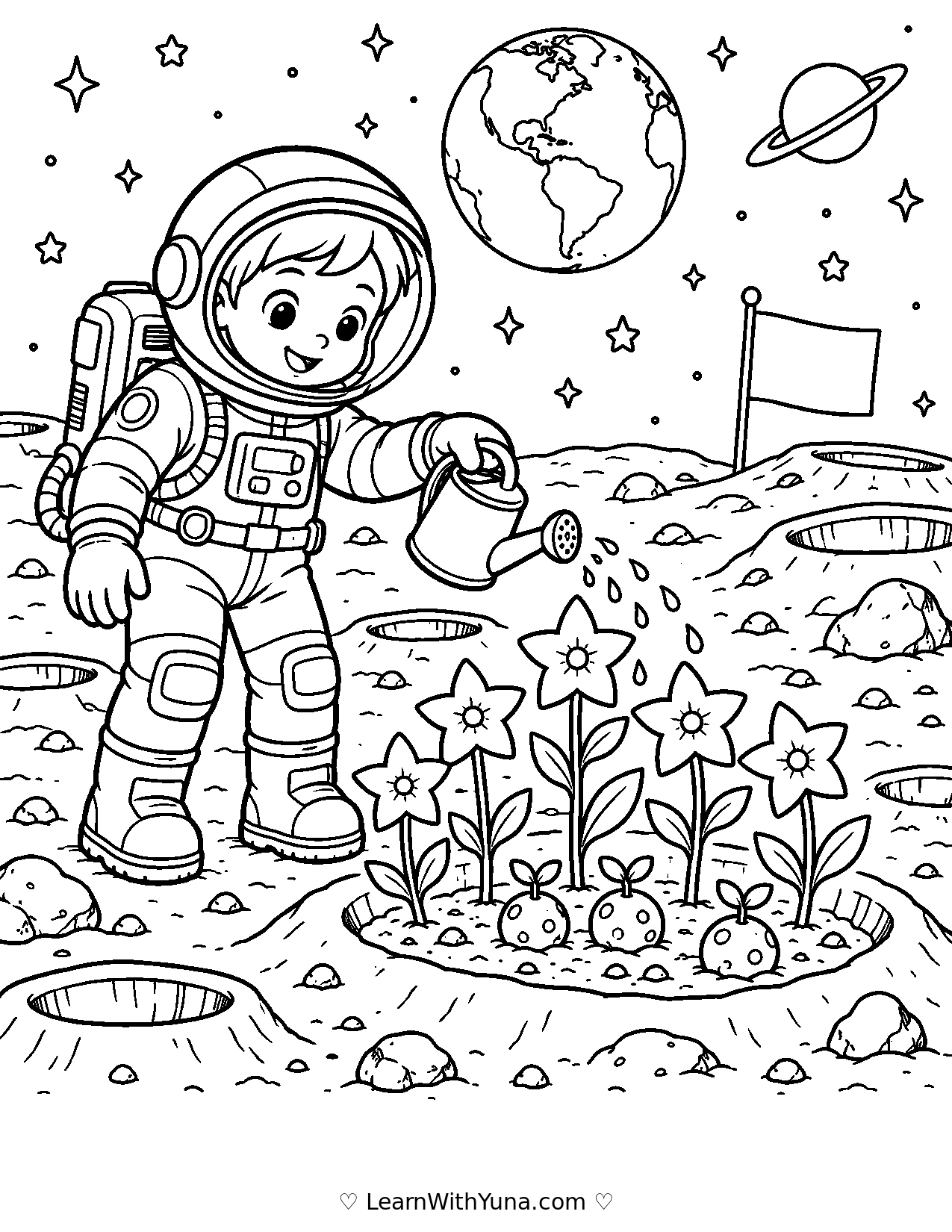 Little Astronaut Waters a Moon Garden Coloring Page printable preview