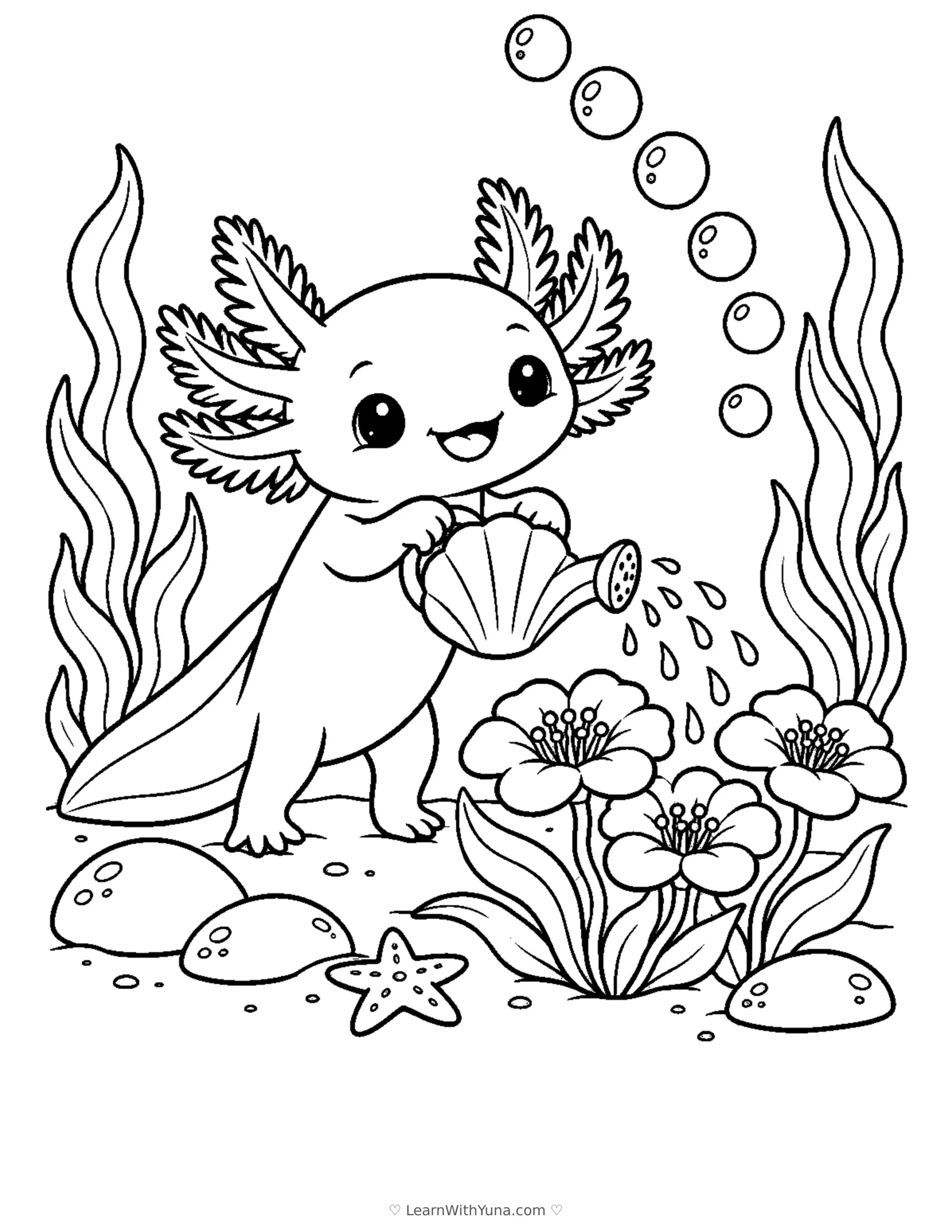 Little Axolotl’s Bubble Garden Coloring Page