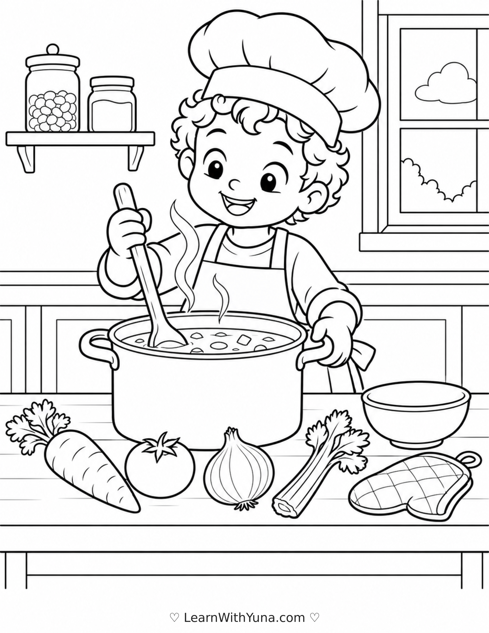 Little Chef’s Cozy Vegetable Soup Coloring Page