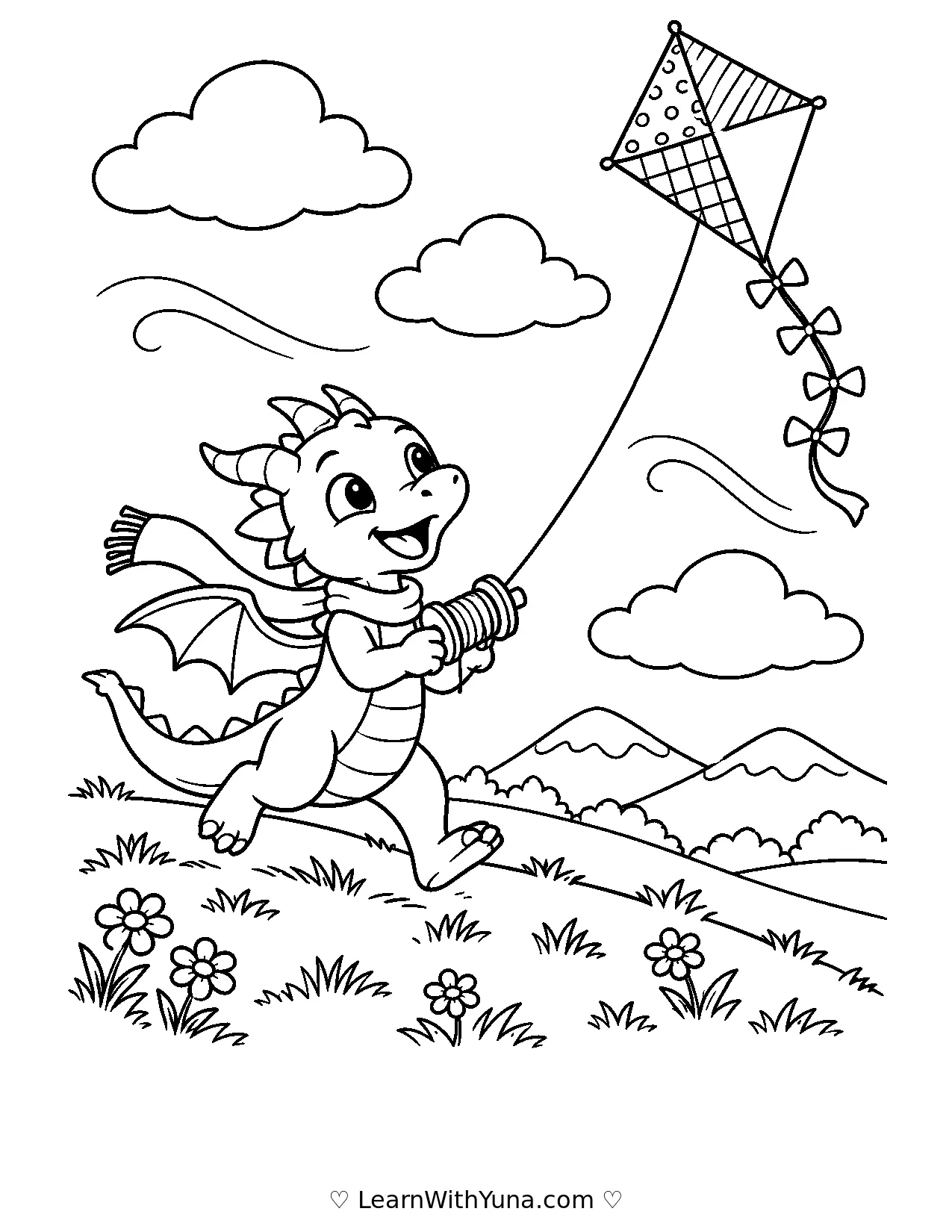 Little Dragon Flies a Patchwork Kite Coloring Page printable preview