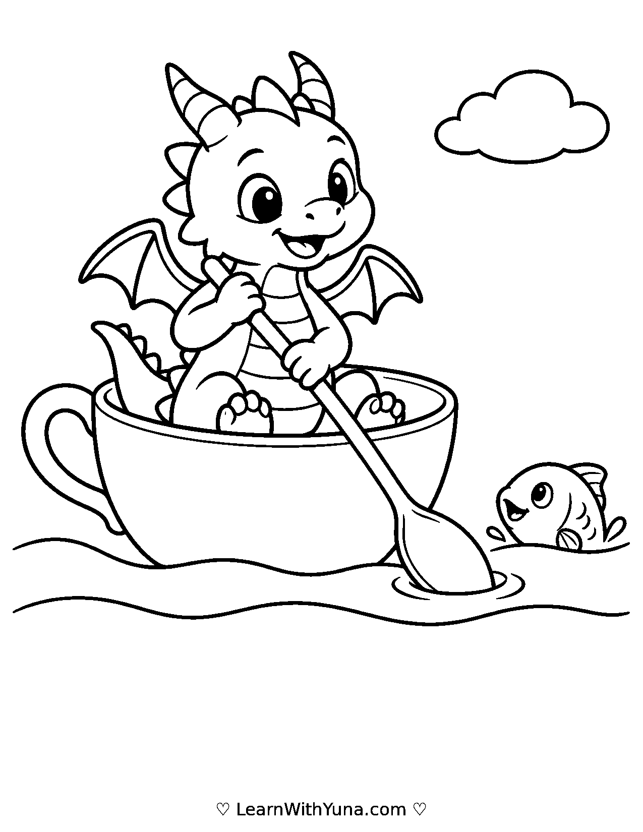 Little Dragon Sails a Teacup Boat Coloring Page printable preview