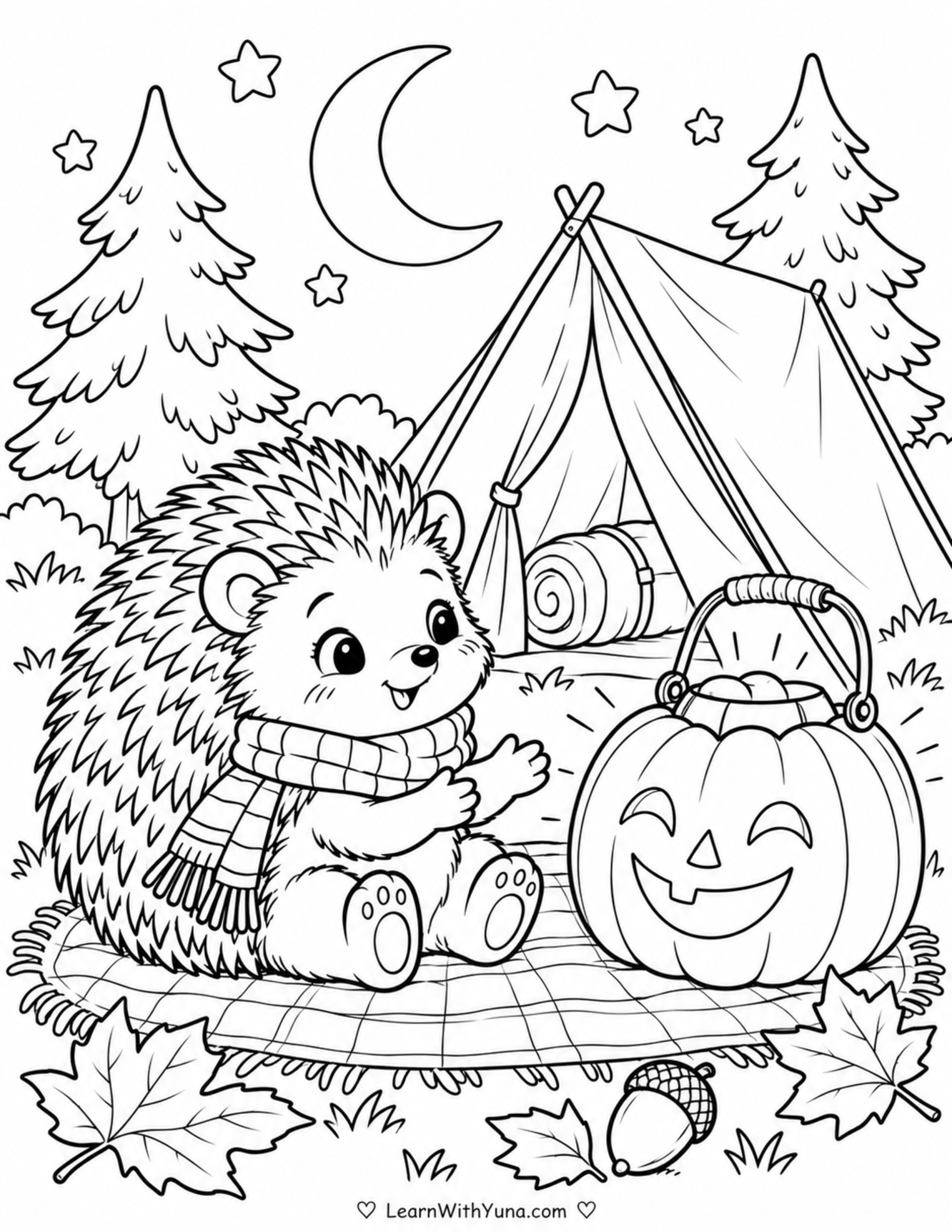 Little Hedgehog’s Pumpkin Lantern Campout Coloring Page