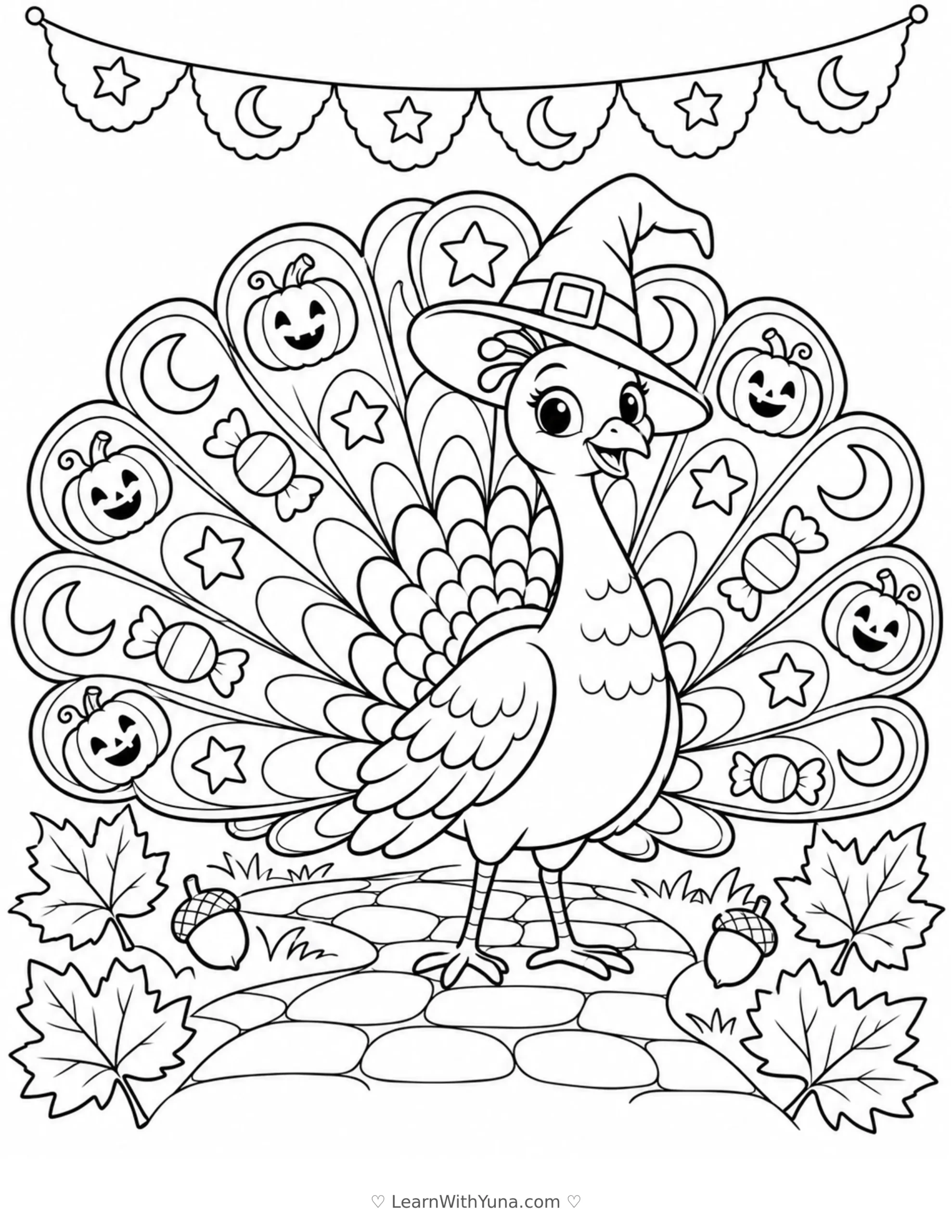 Little Peacock’s Halloween Feather Parade Coloring Page