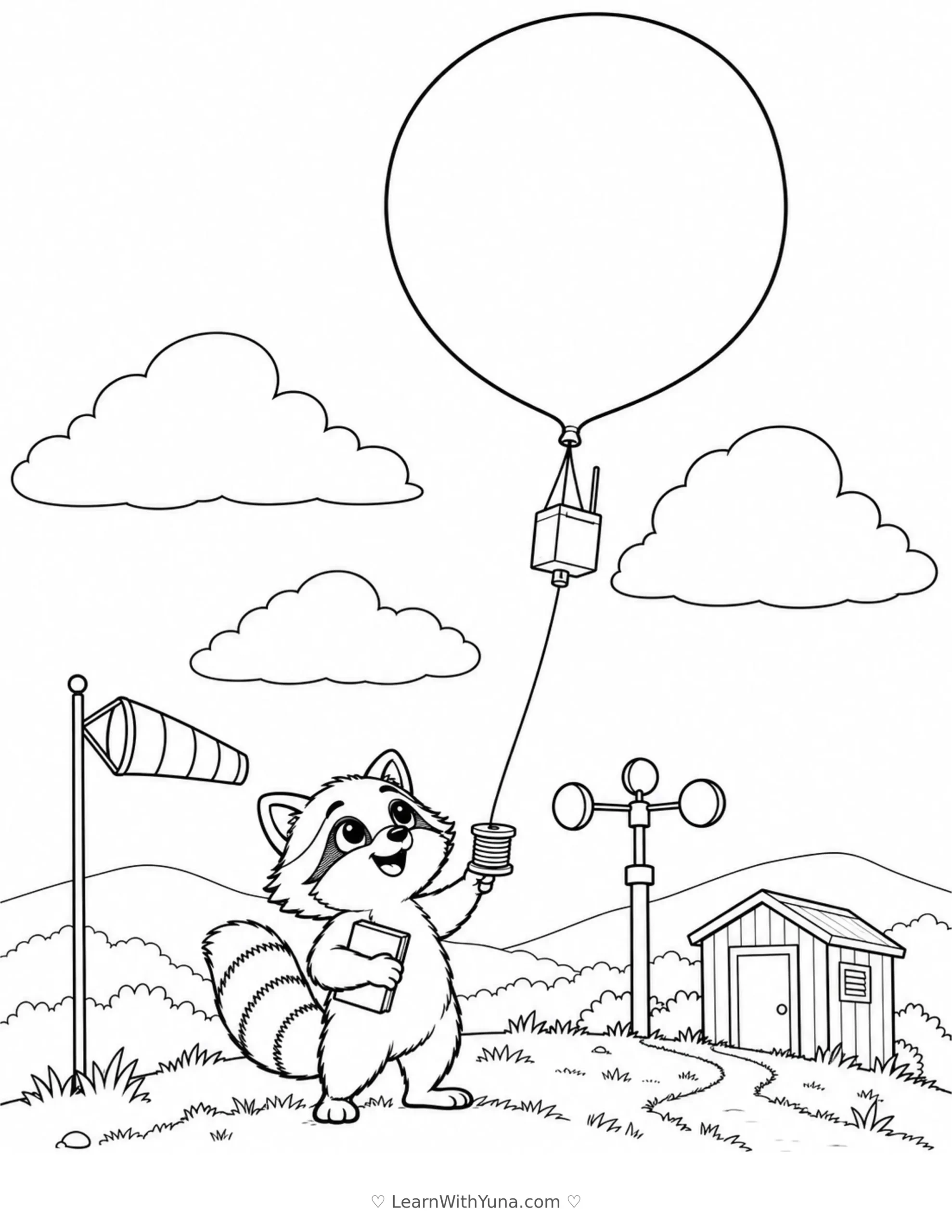 Little Raccoon’s Weather Balloon Launch Coloring Page