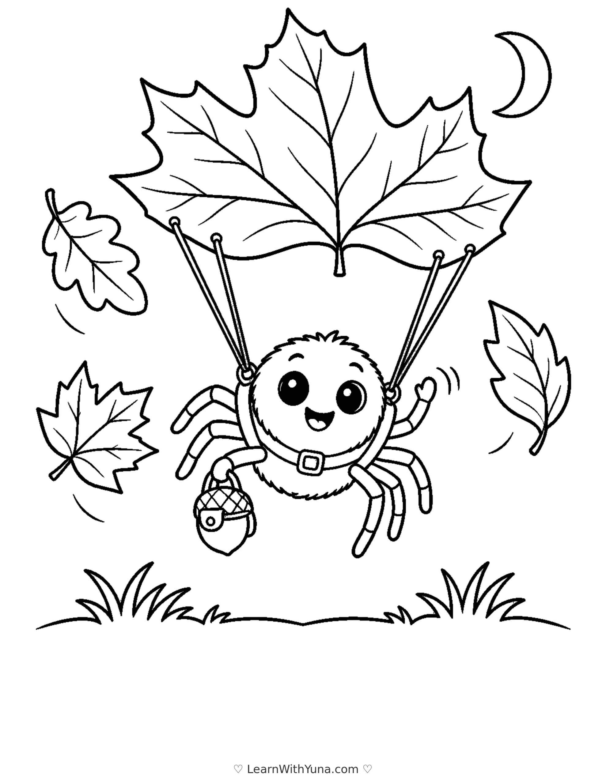 Little Spider’s Leaf Parachute Ride Coloring Page